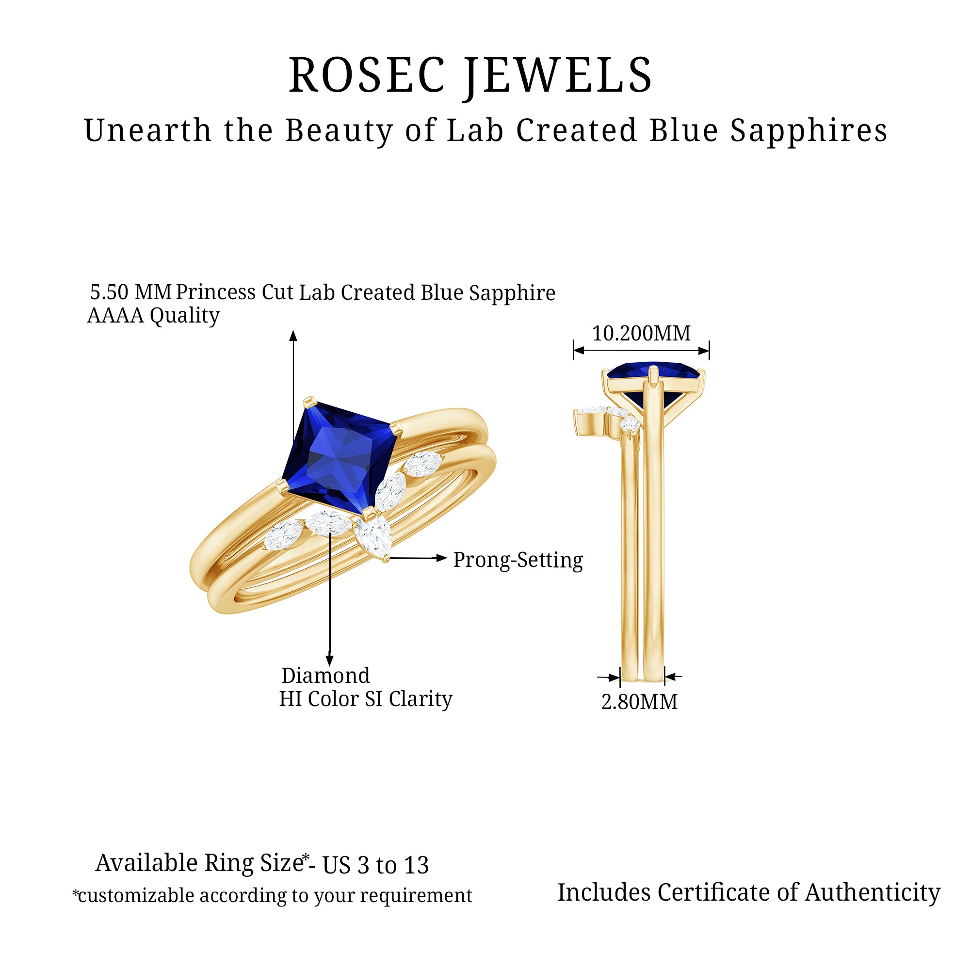 1.25 CT Princess Cut Created Blue Sapphire Solitaire Ring Set with Diamond Lab Created Blue Sapphire - ( AAAA ) - Quality - Rosec Jewels