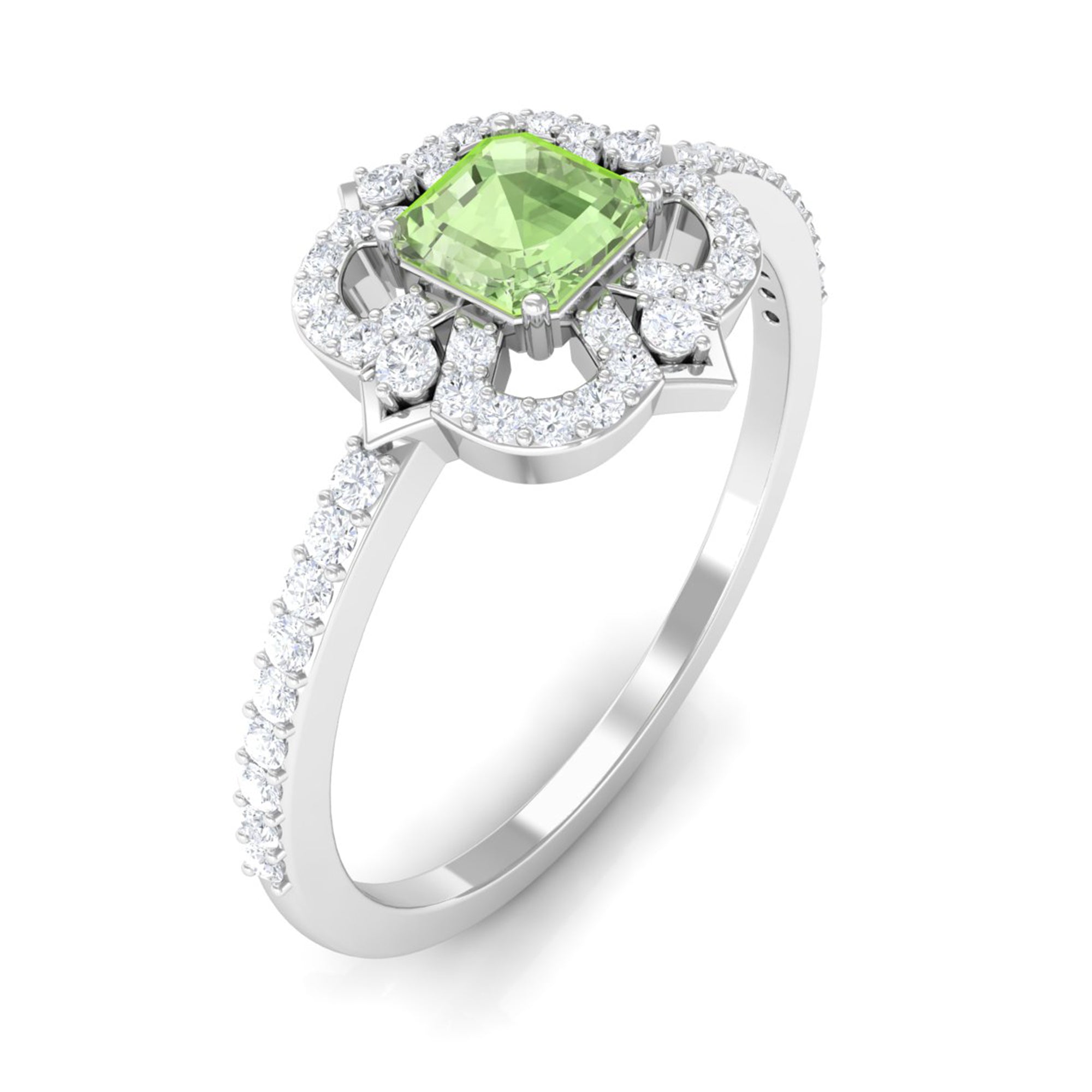 Rosec Jewels-Asscher Cut Created Green Sapphire Statement Engagement Ring with Diamond Halo