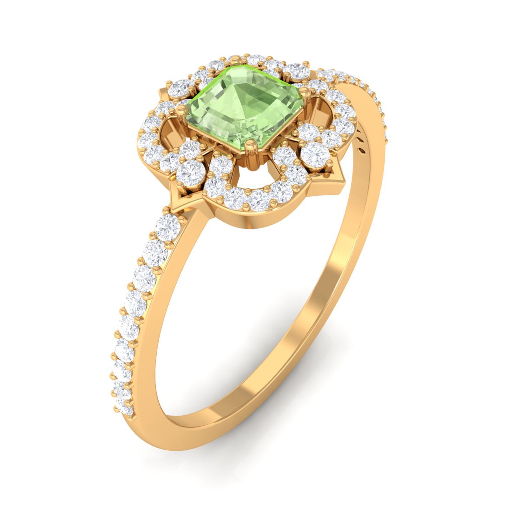 Rosec Jewels-Asscher Cut Created Green Sapphire Statement Engagement Ring with Diamond Halo