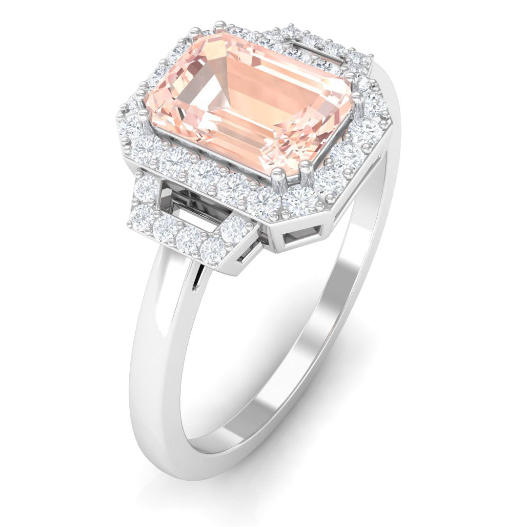 Rosec Jewels-2.25 CT Emerald Cut Morganite Cocktail Engagement Ring with Diamond