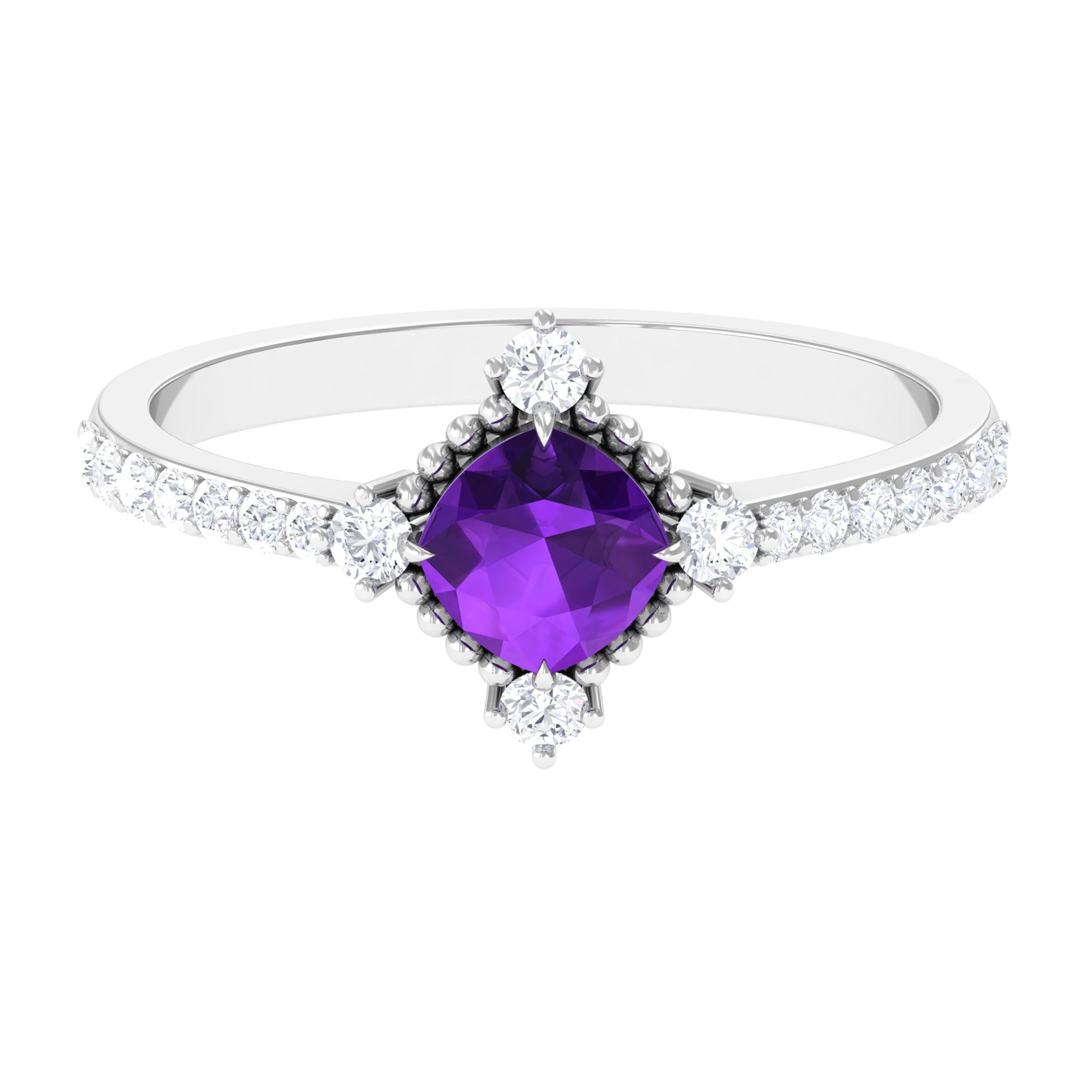 Rosec Jewels-Cushion Amethyst Solitaire Engagement Ring with Diamond Side Stones