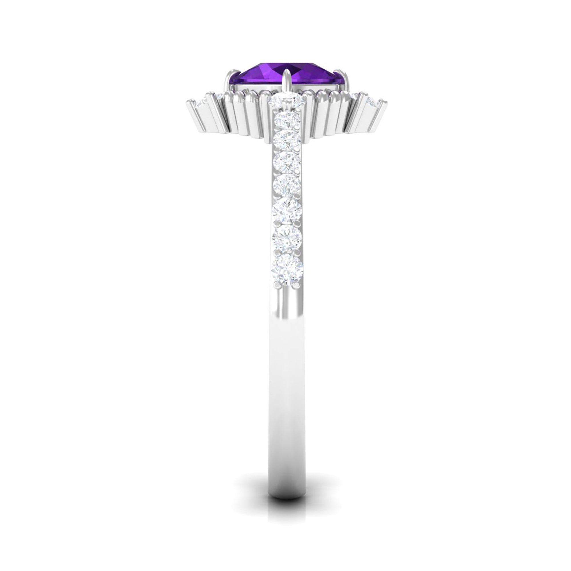 Rosec Jewels-Cushion Amethyst Solitaire Engagement Ring with Diamond Side Stones