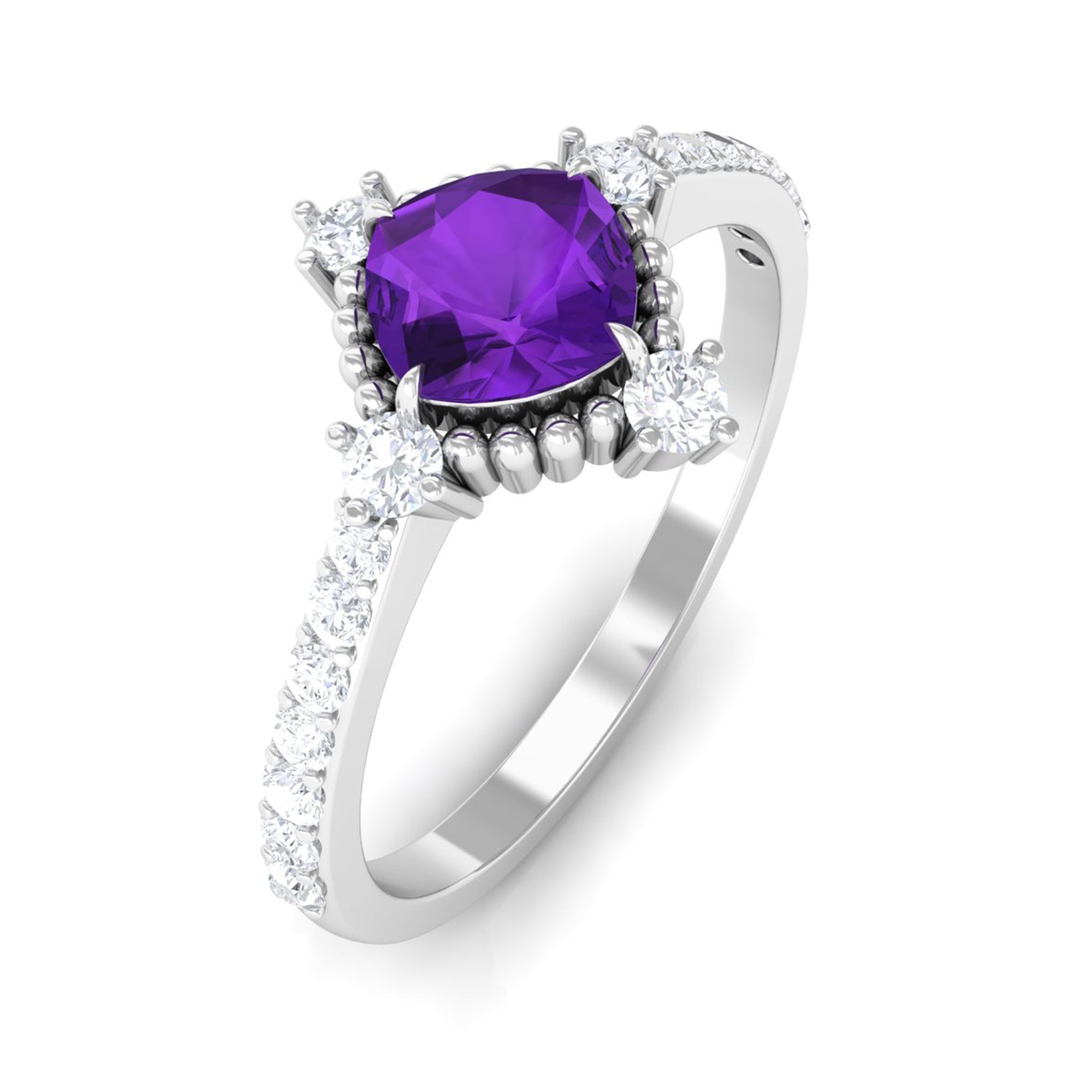 Rosec Jewels-Cushion Amethyst Solitaire Engagement Ring with Diamond Side Stones