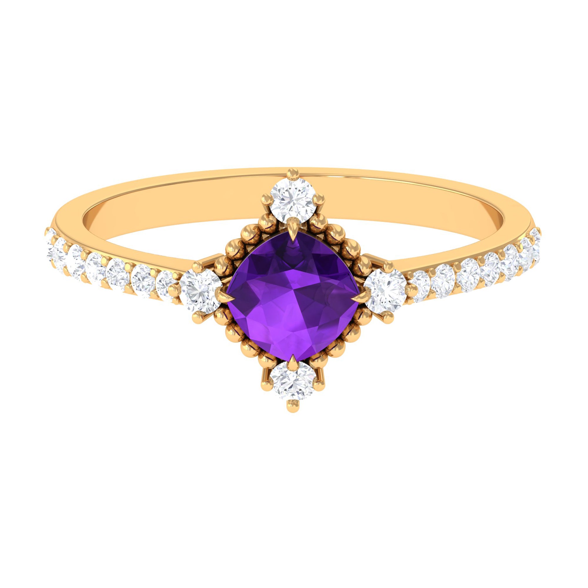 Rosec Jewels-Cushion Amethyst Solitaire Engagement Ring with Diamond Side Stones