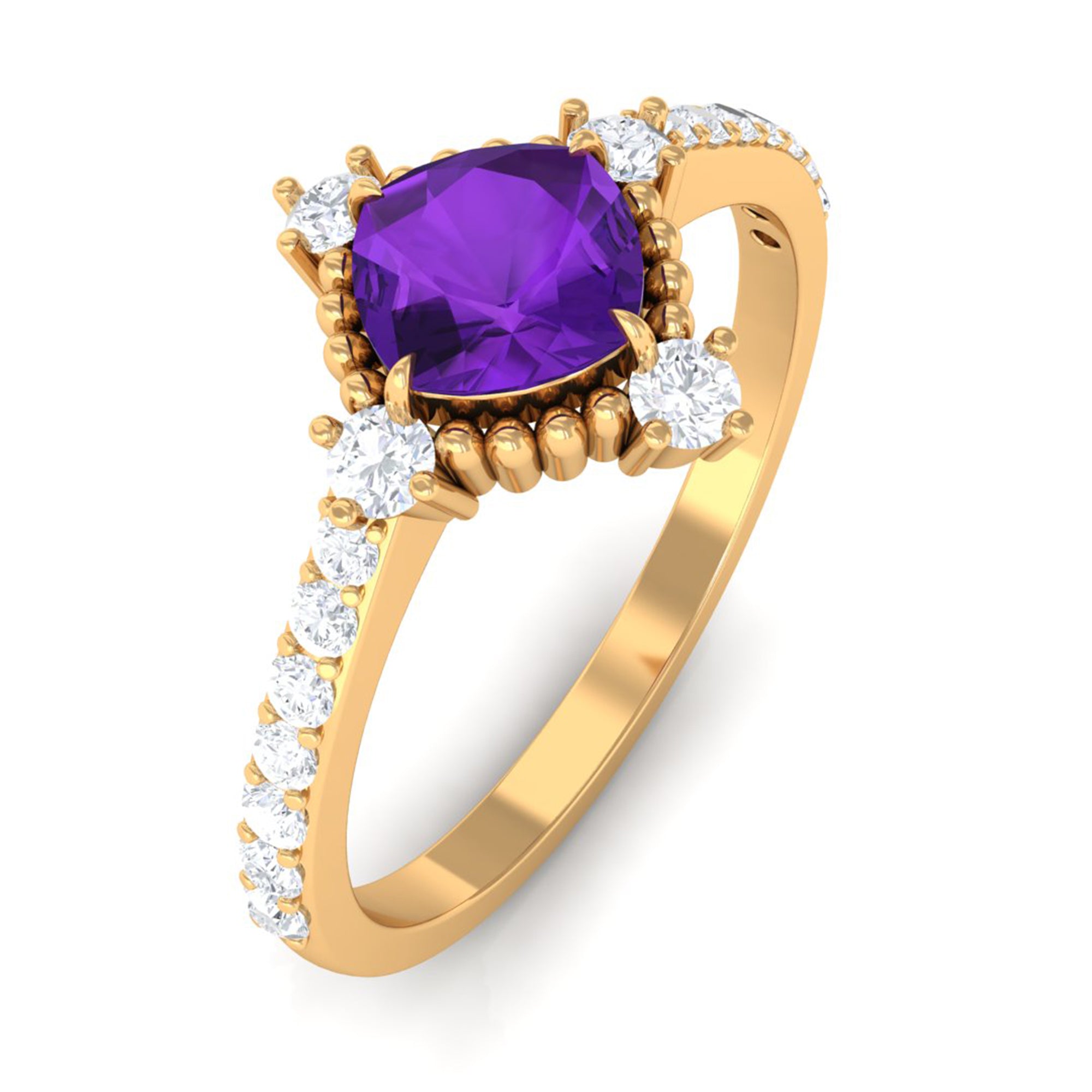 Rosec Jewels-Cushion Amethyst Solitaire Engagement Ring with Diamond Side Stones