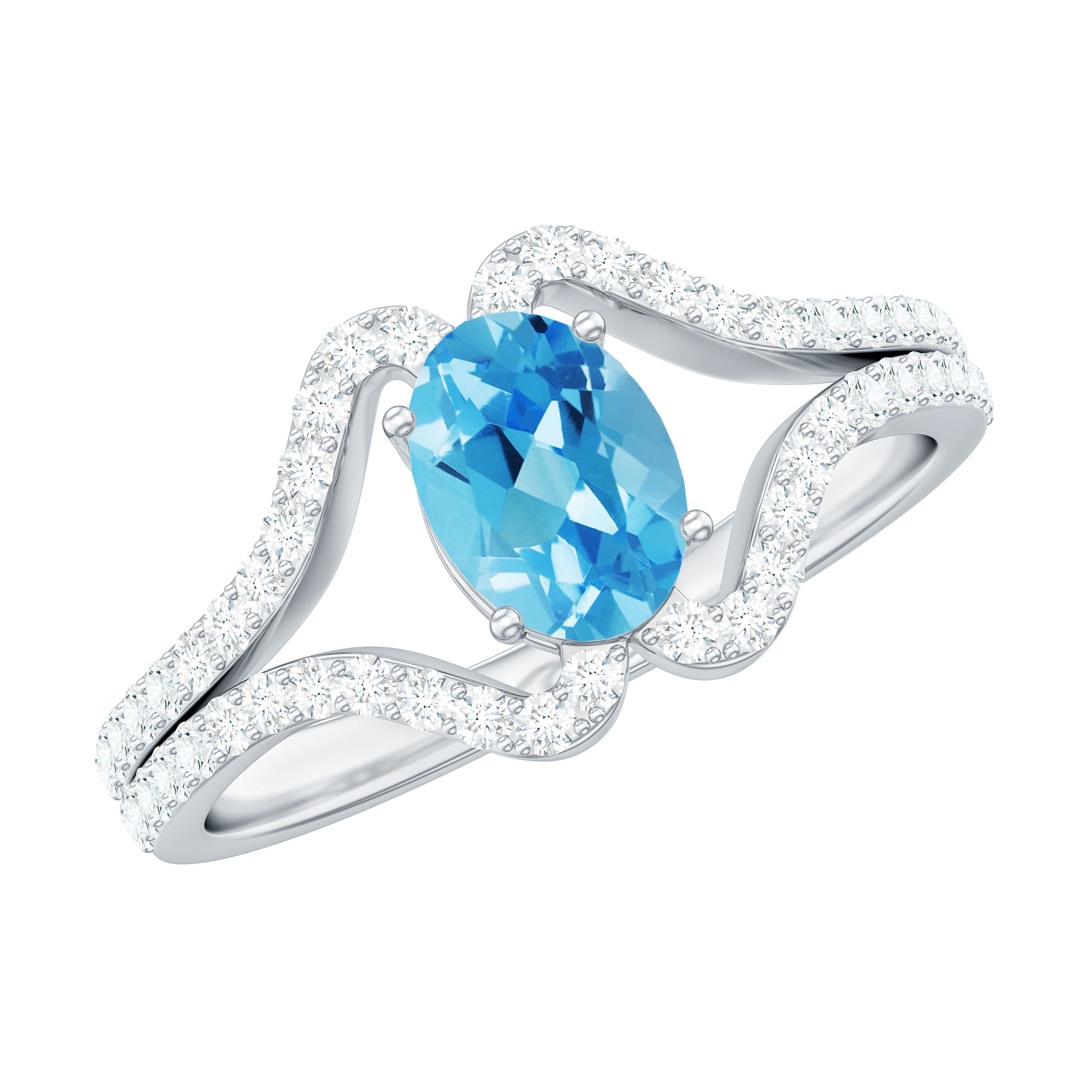 Rosec Jewels-Oval Cut Swiss Blue Topaz and Diamond Ring with Split Shank