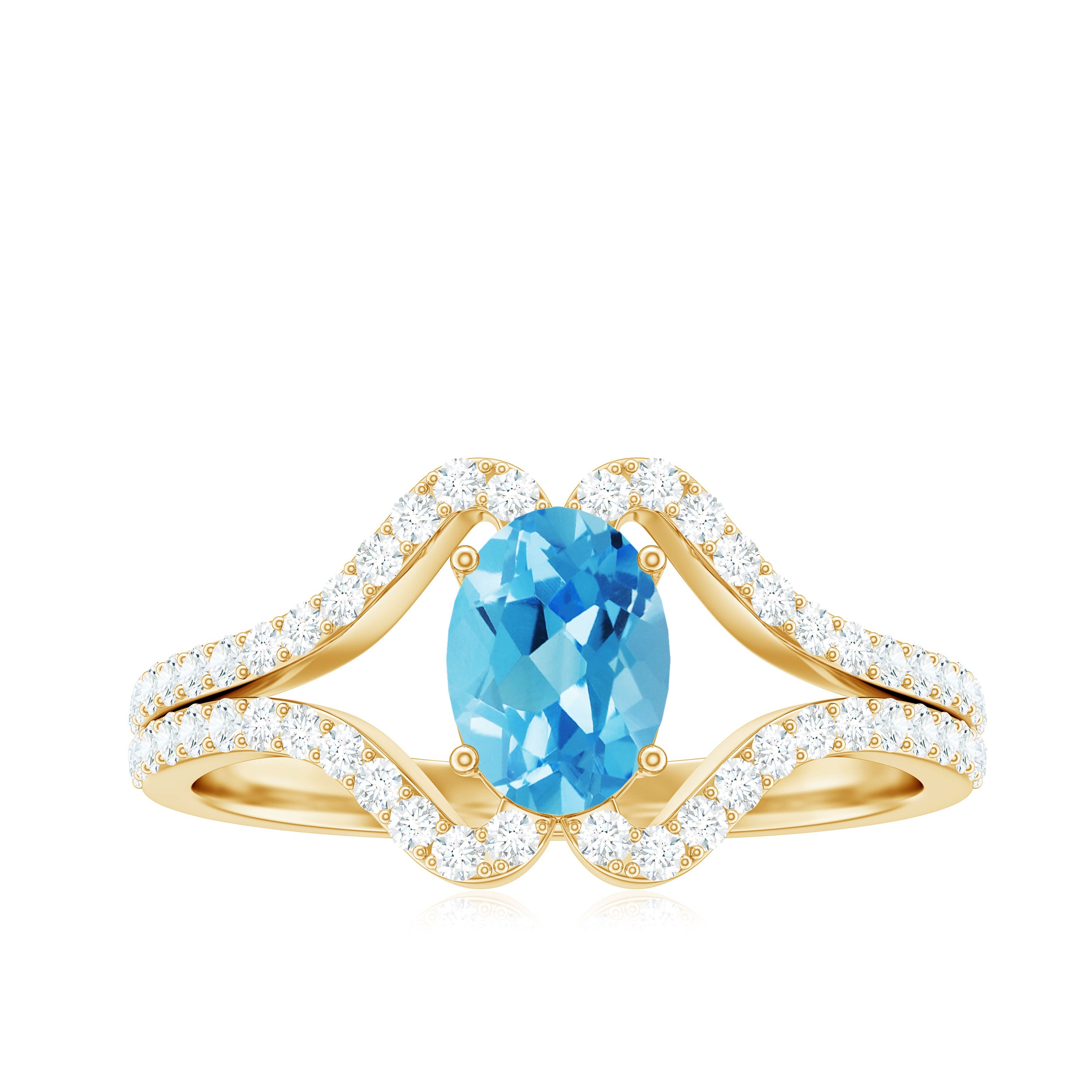 Rosec Jewels-Oval Cut Swiss Blue Topaz and Diamond Ring with Split Shank