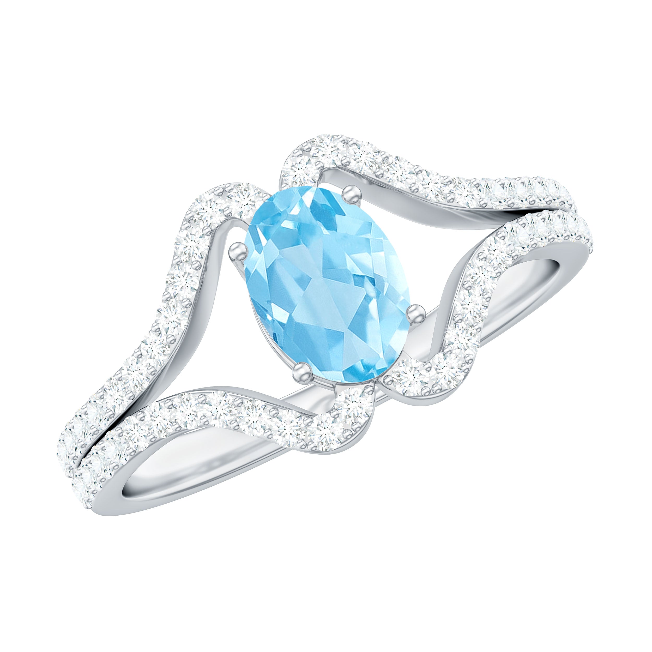 Rosec Jewels-Oval Aquamarine Split Shank Engagement Ring with Diamond