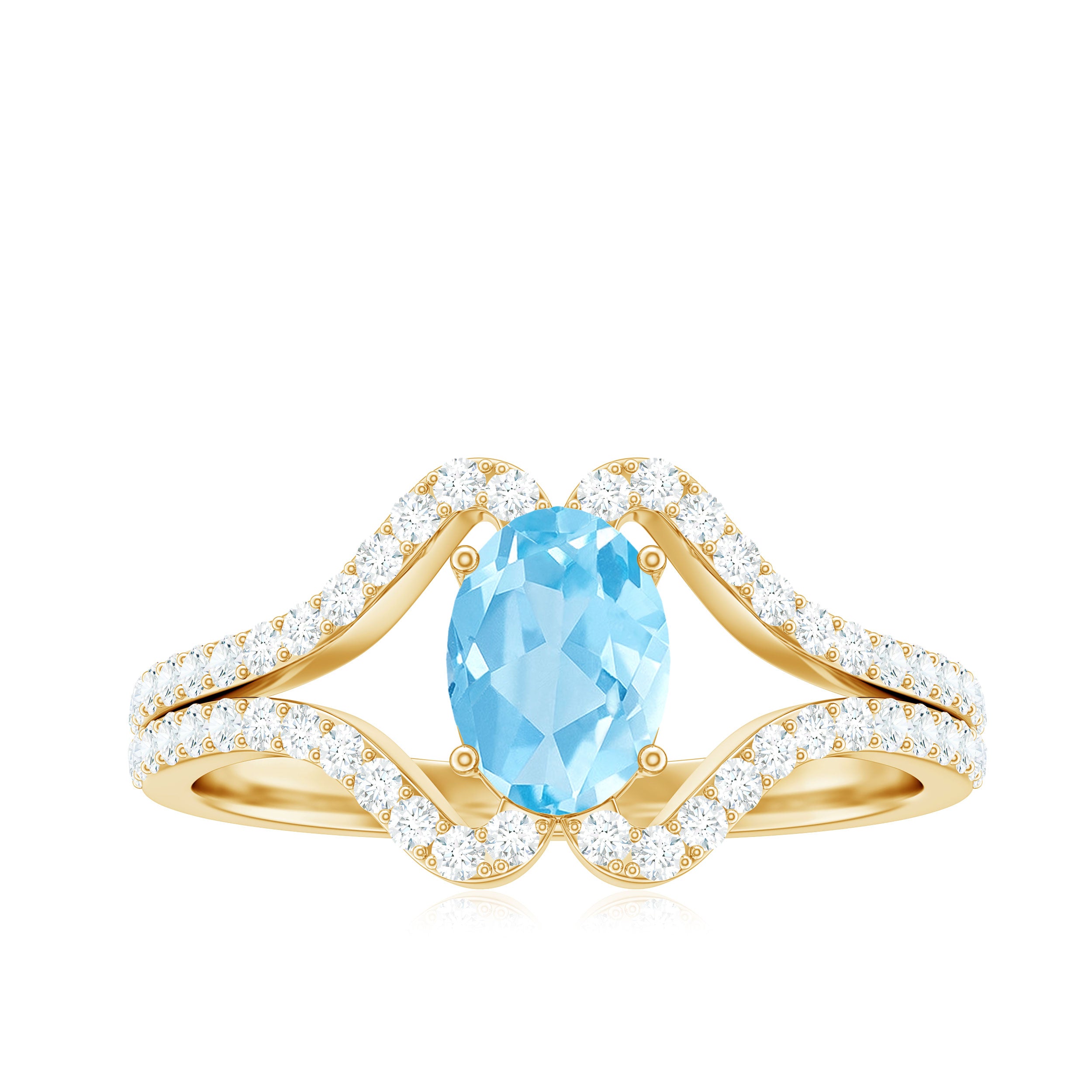 Rosec Jewels-Oval Aquamarine Split Shank Engagement Ring with Diamond