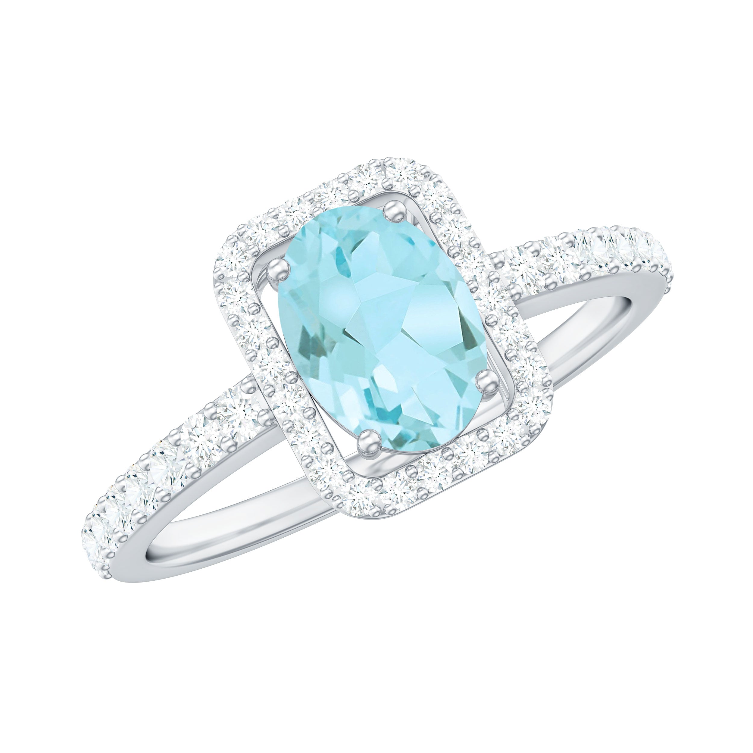 Rosec Jewels-Oval Cut Sky Blue Topaz Engagement Ring with Diamond Halo