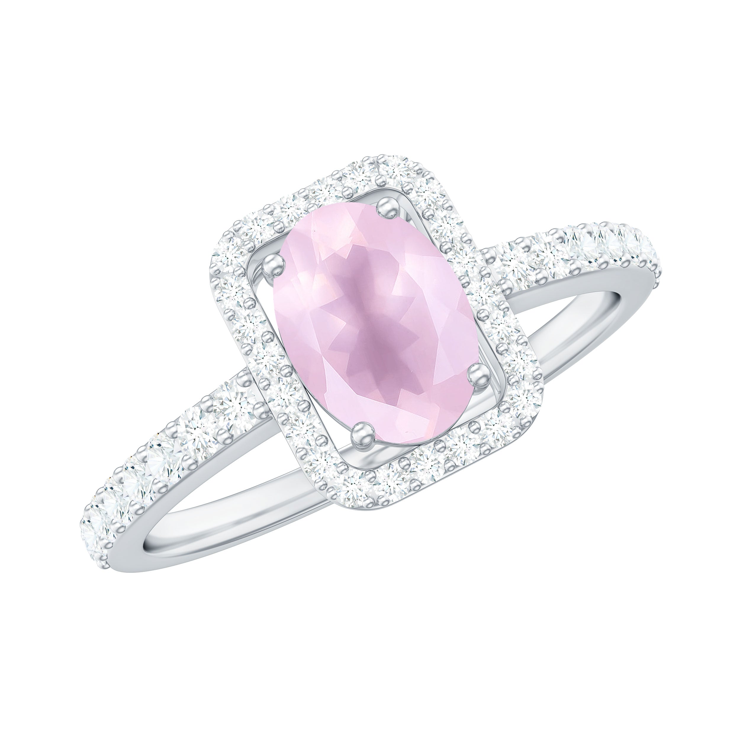 Rosec Jewels-Oval Cut Rose Quartz Engagement Ring with Diamond Halo