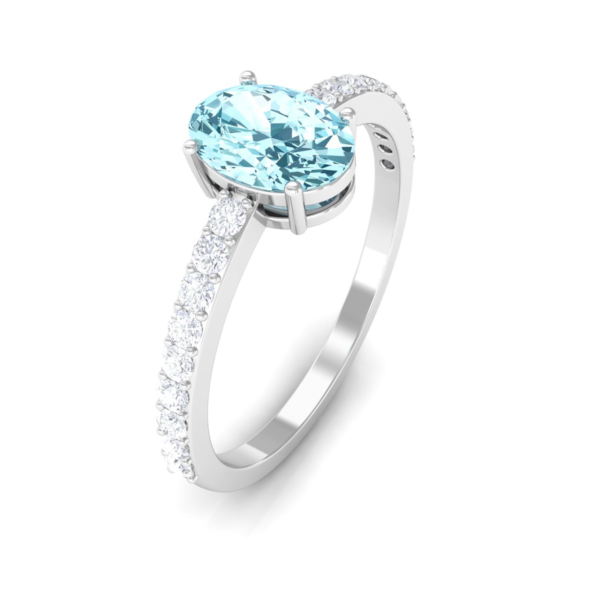 Rosec Jewels-Oval Aquamarine Solitaire Engagement Ring with Diamond