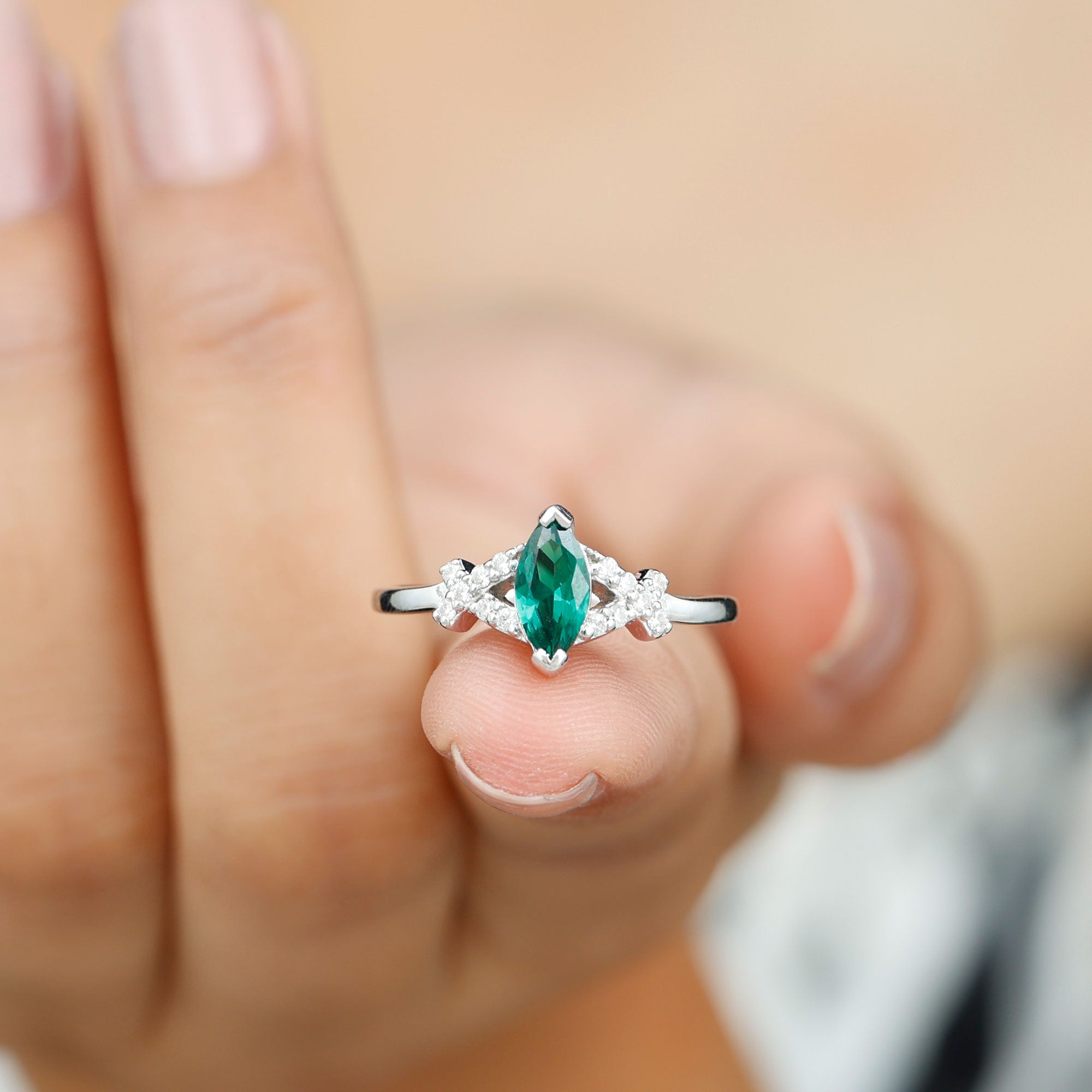 Rosec Jewels-3/4 CT Marquise Cut Created Emerald Solitaire Ring with Diamond