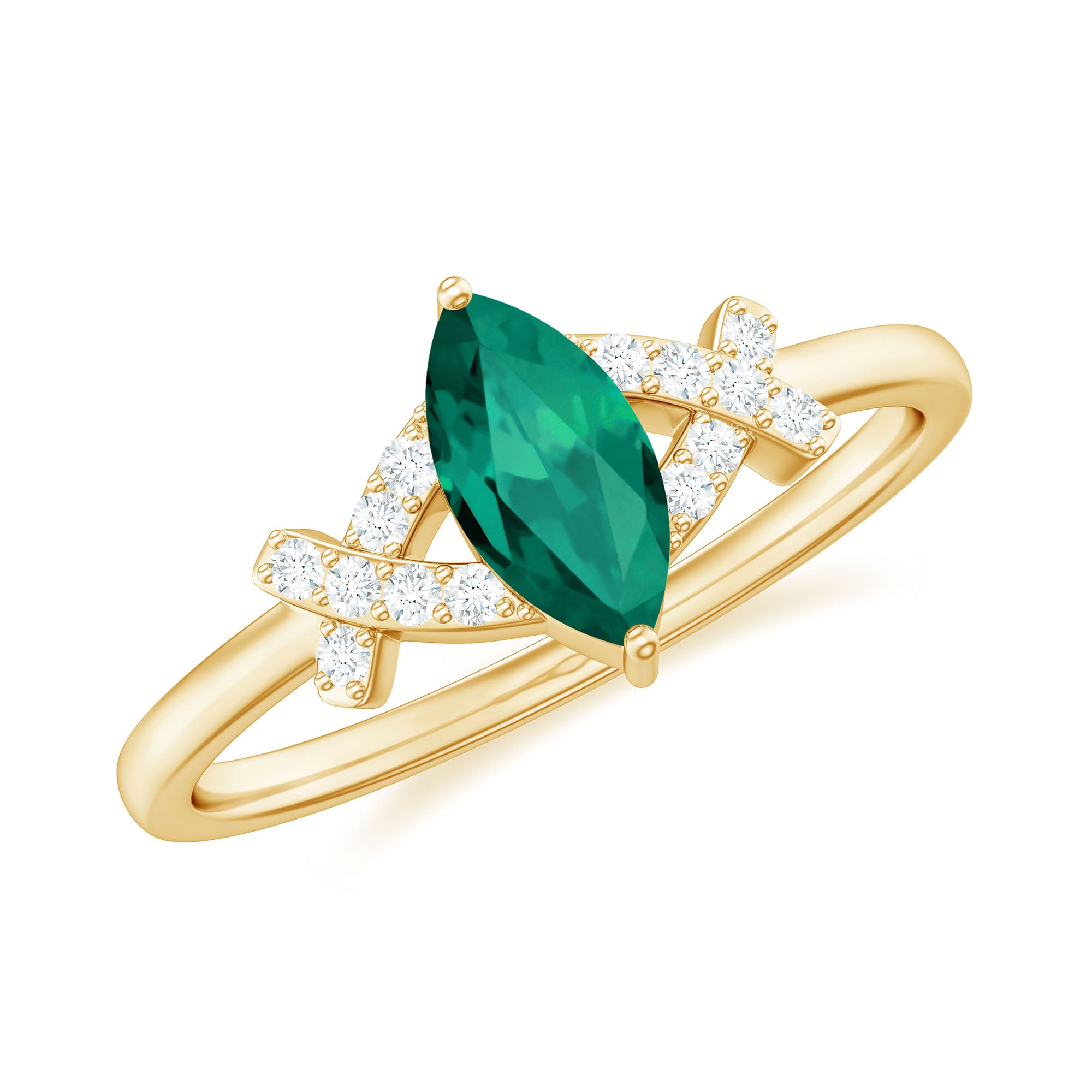 Rosec Jewels-3/4 CT Marquise Cut Created Emerald Solitaire Ring with Diamond