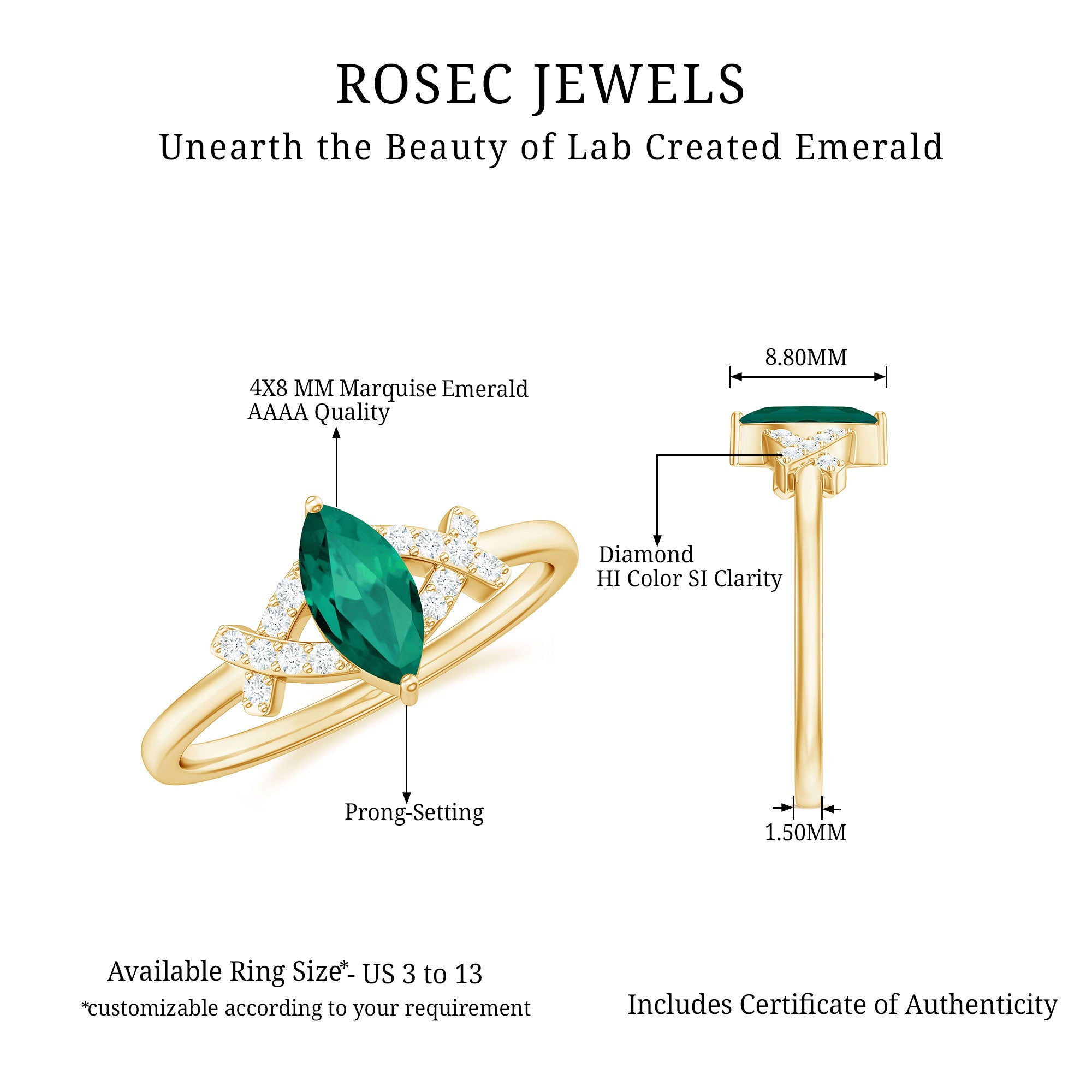 Rosec Jewels-3/4 CT Marquise Cut Created Emerald Solitaire Ring with Diamond