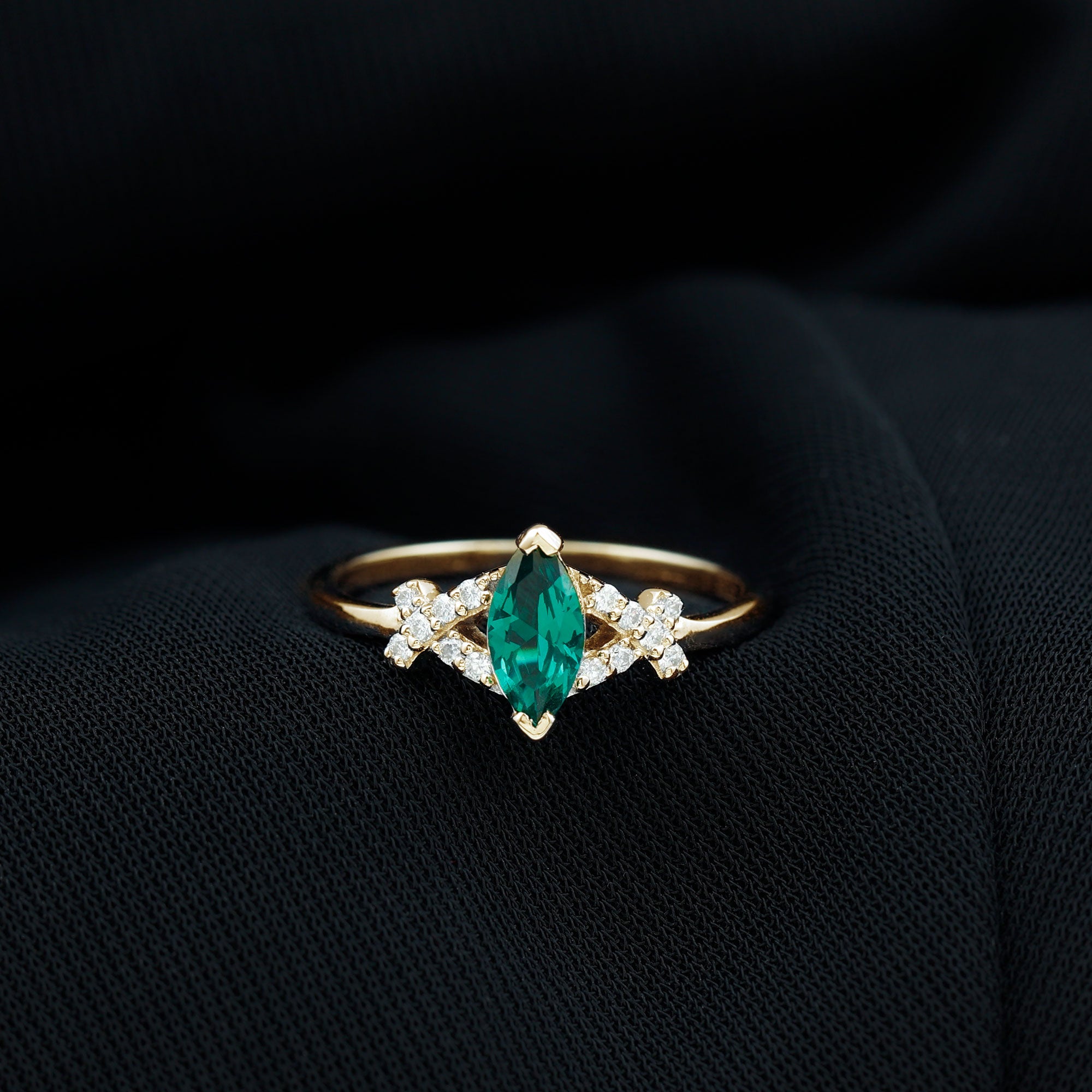 Rosec Jewels-3/4 CT Marquise Cut Created Emerald Solitaire Ring with Diamond