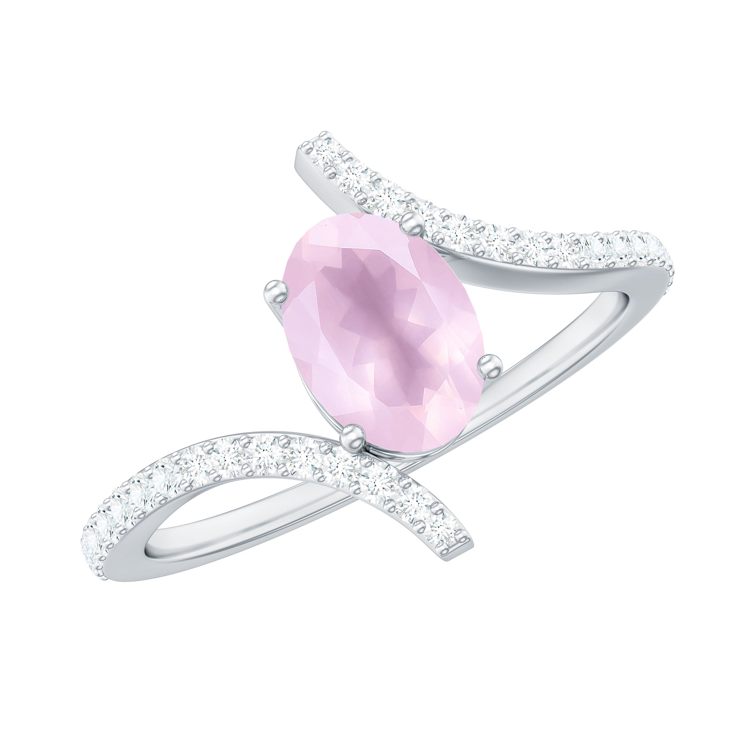 Rosec Jewels-Oval Rose Quartz Solitaire Bypass Engagement Ring with Diamond