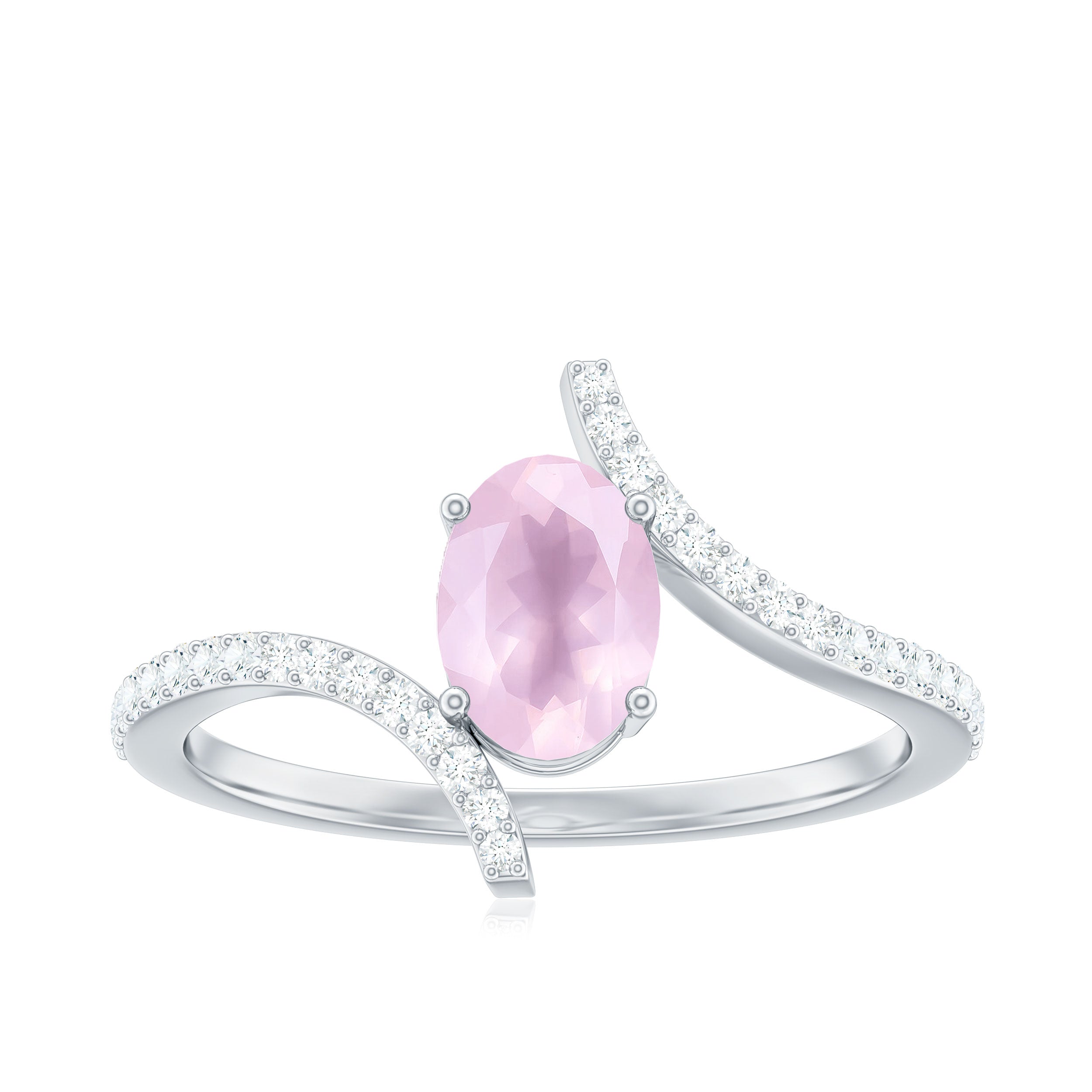 Rosec Jewels-Oval Rose Quartz Solitaire Bypass Engagement Ring with Diamond