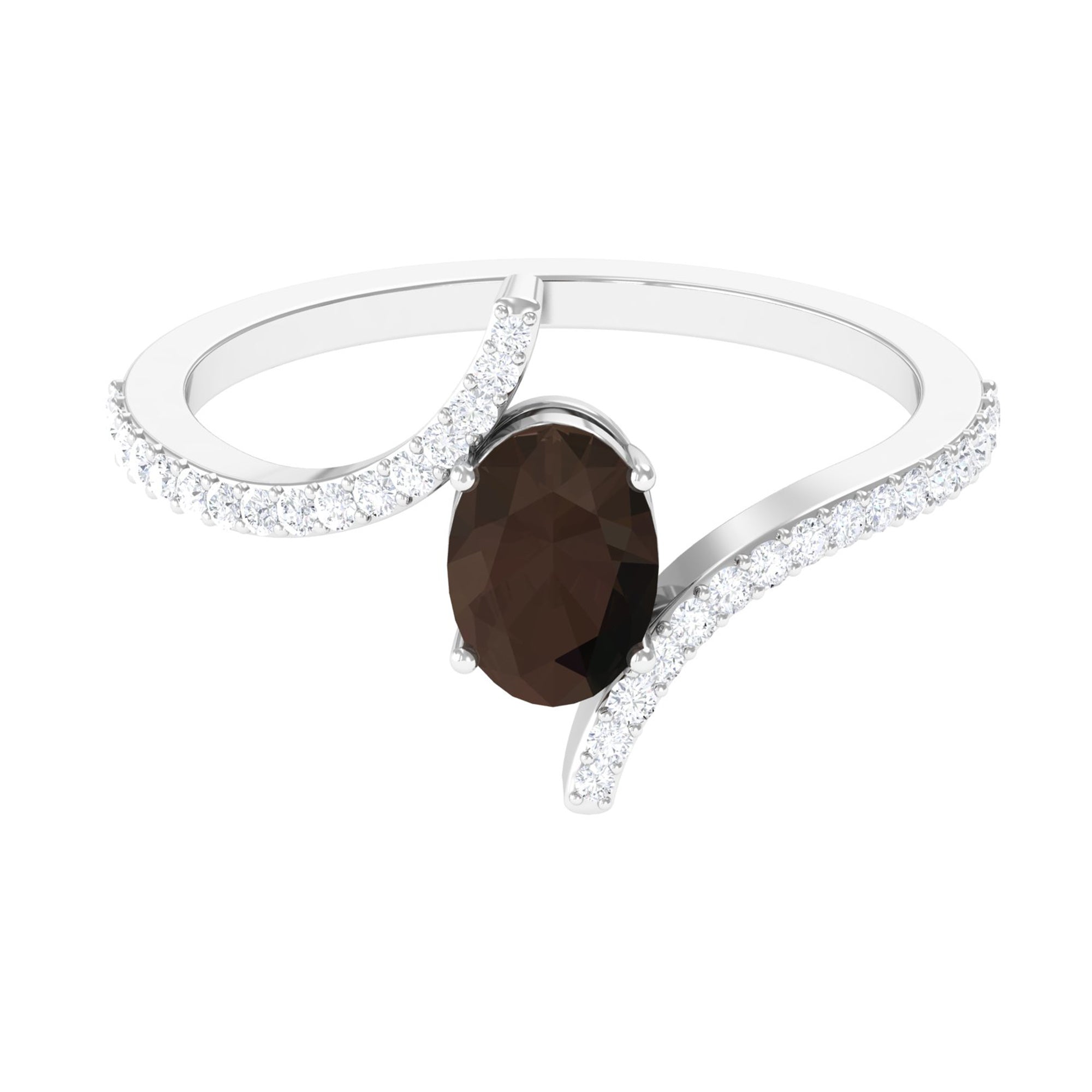 Rosec Jewels-Oval Smoky Quartz Solitaire Bypass Ring with Diamond