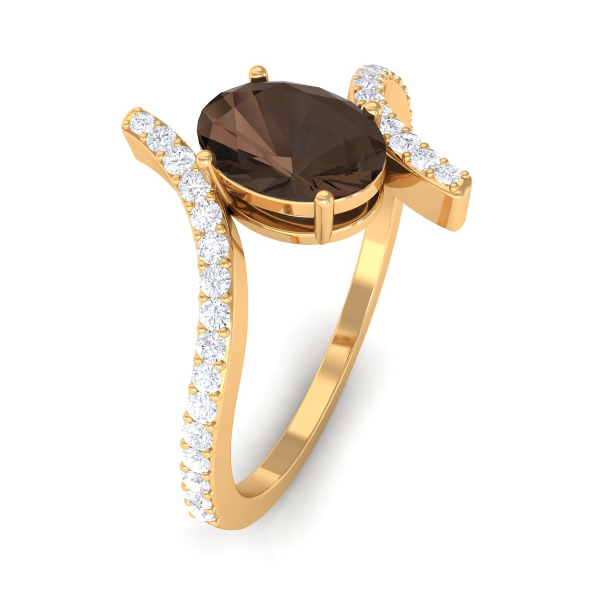 Rosec Jewels-Oval Smoky Quartz Solitaire Bypass Ring with Diamond