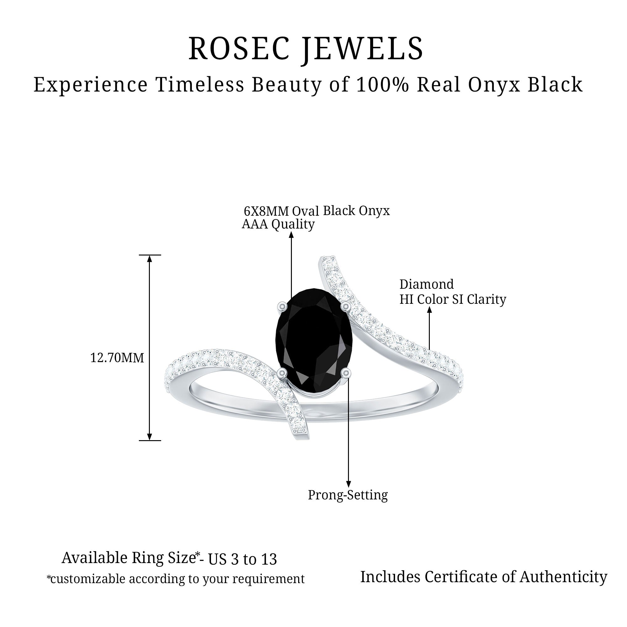 Rosec Jewels-Oval Black Onyx Solitaire Bypass Engagement Ring with Diamond