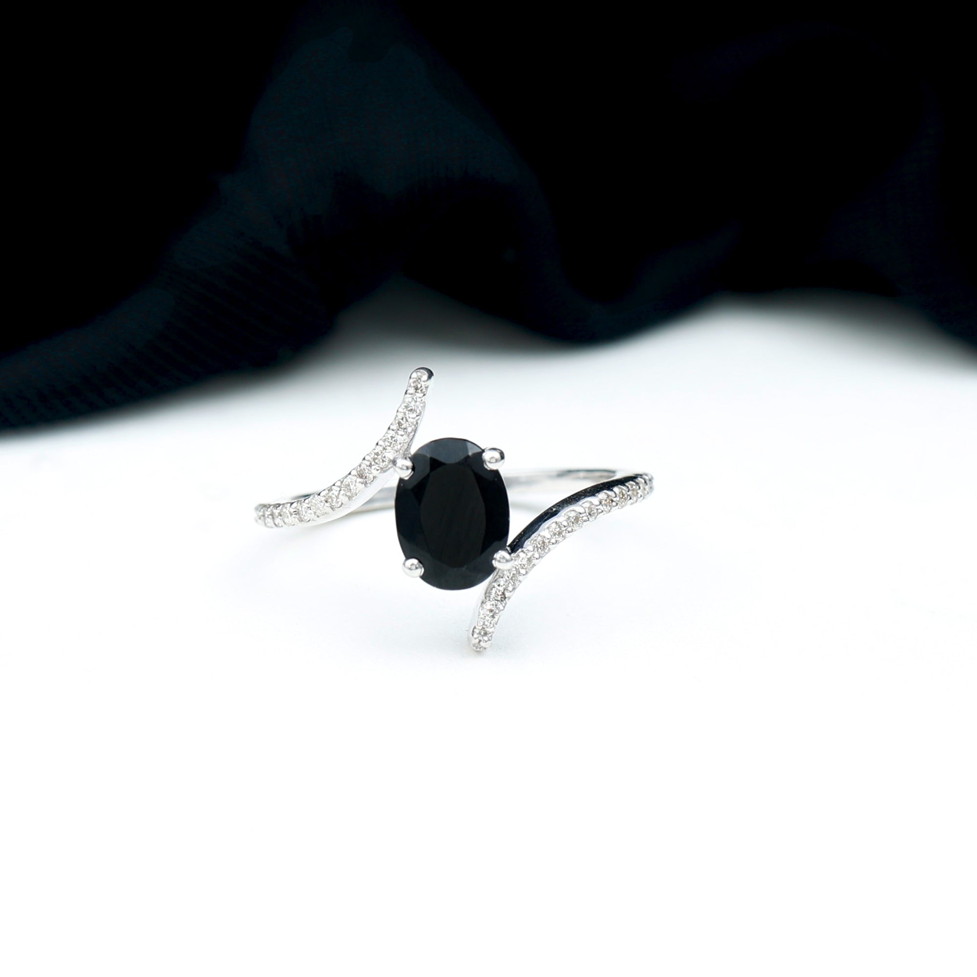 Rosec Jewels-Oval Black Onyx Solitaire Bypass Engagement Ring with Diamond