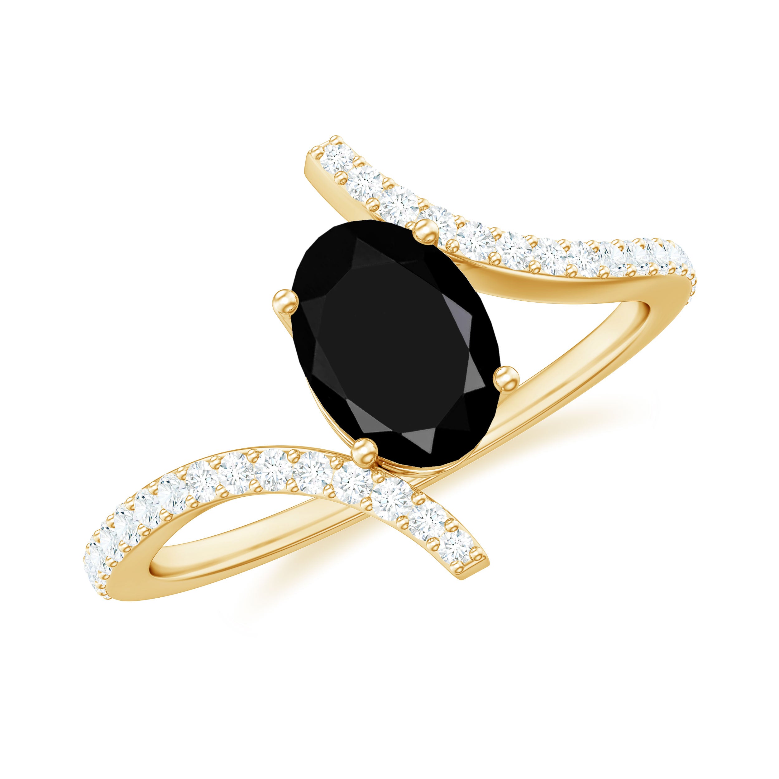 Rosec Jewels-Oval Black Onyx Solitaire Bypass Engagement Ring with Diamond