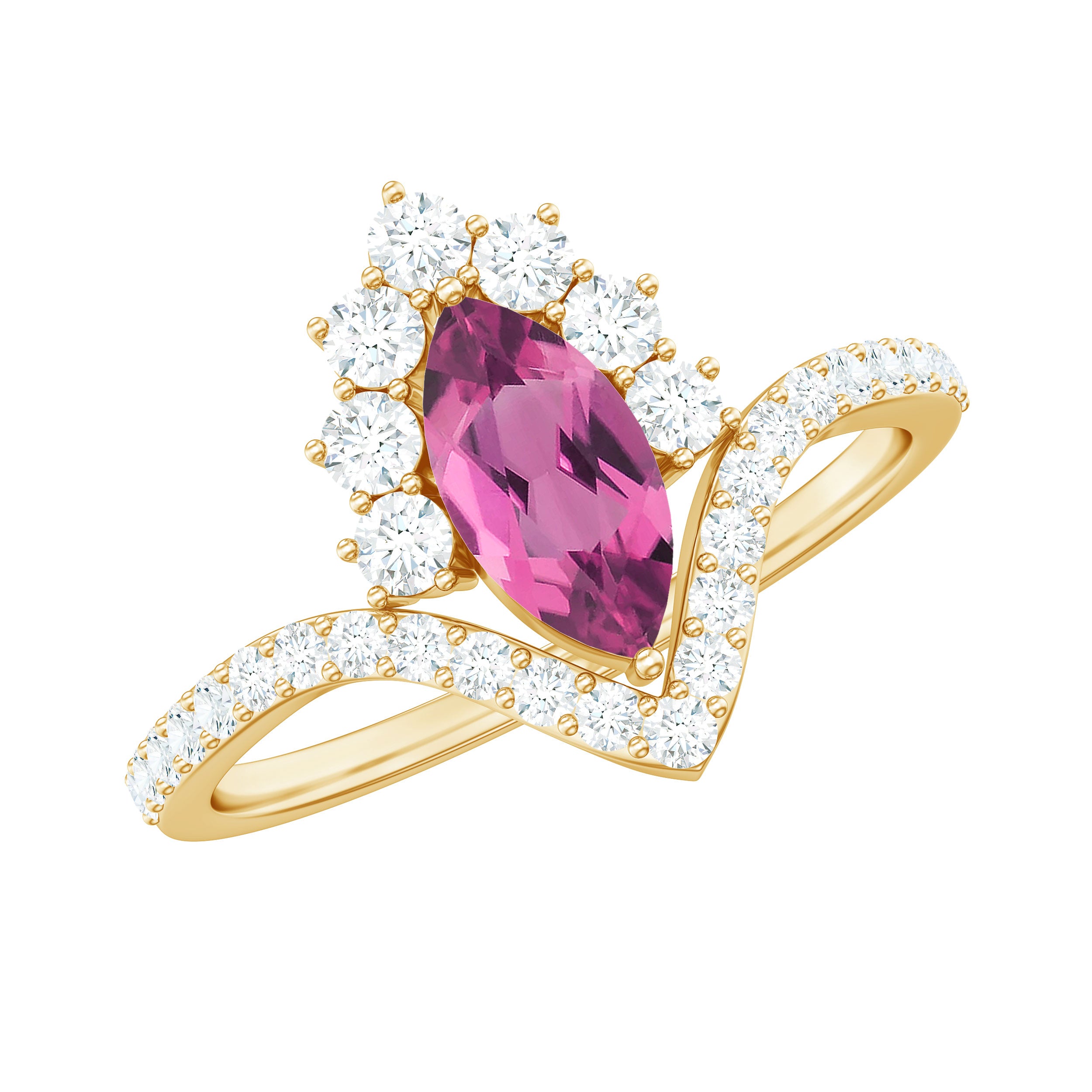 Rosec Jewels-Marquise Cut Pink Tourmaline Designer Engagement Ring with Moissanite Frame