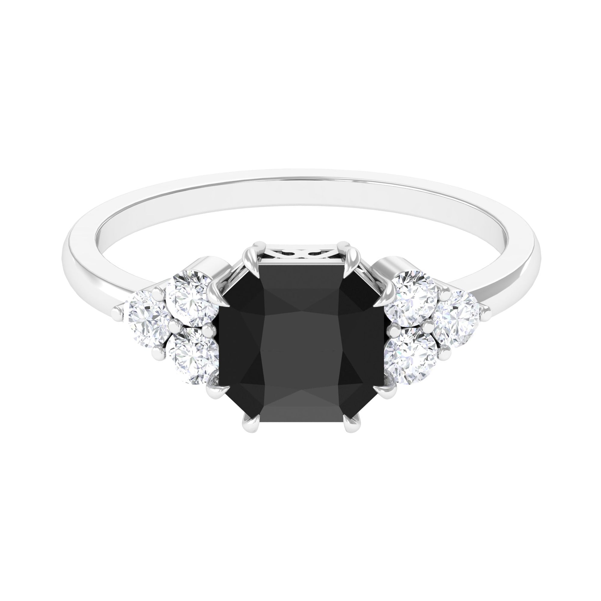 Rosec Jewels-Asscher Cut Created Black Diamond Solitaire Engagement Ring with Diamond Trio