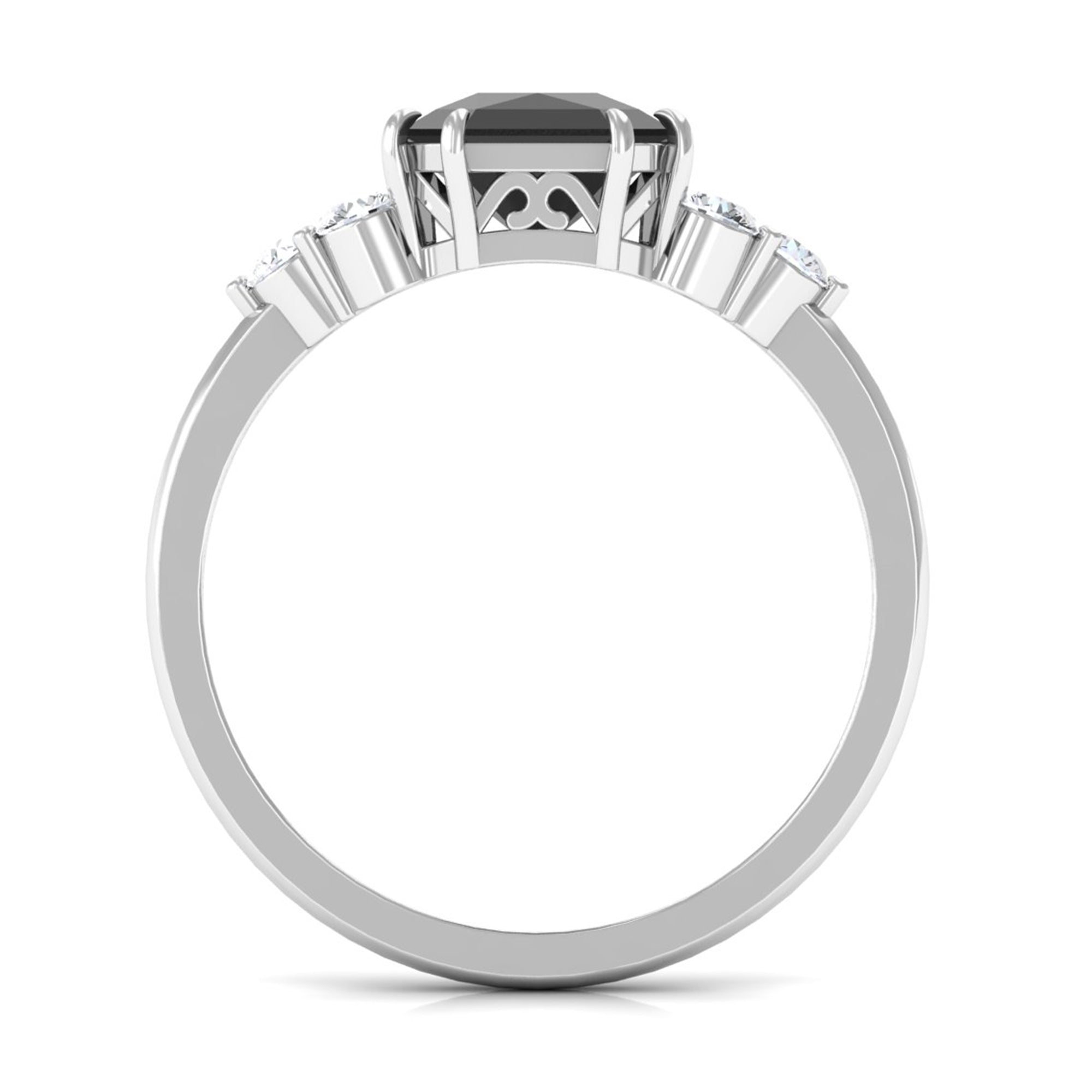 Rosec Jewels-Asscher Cut Created Black Diamond Solitaire Engagement Ring with Diamond Trio