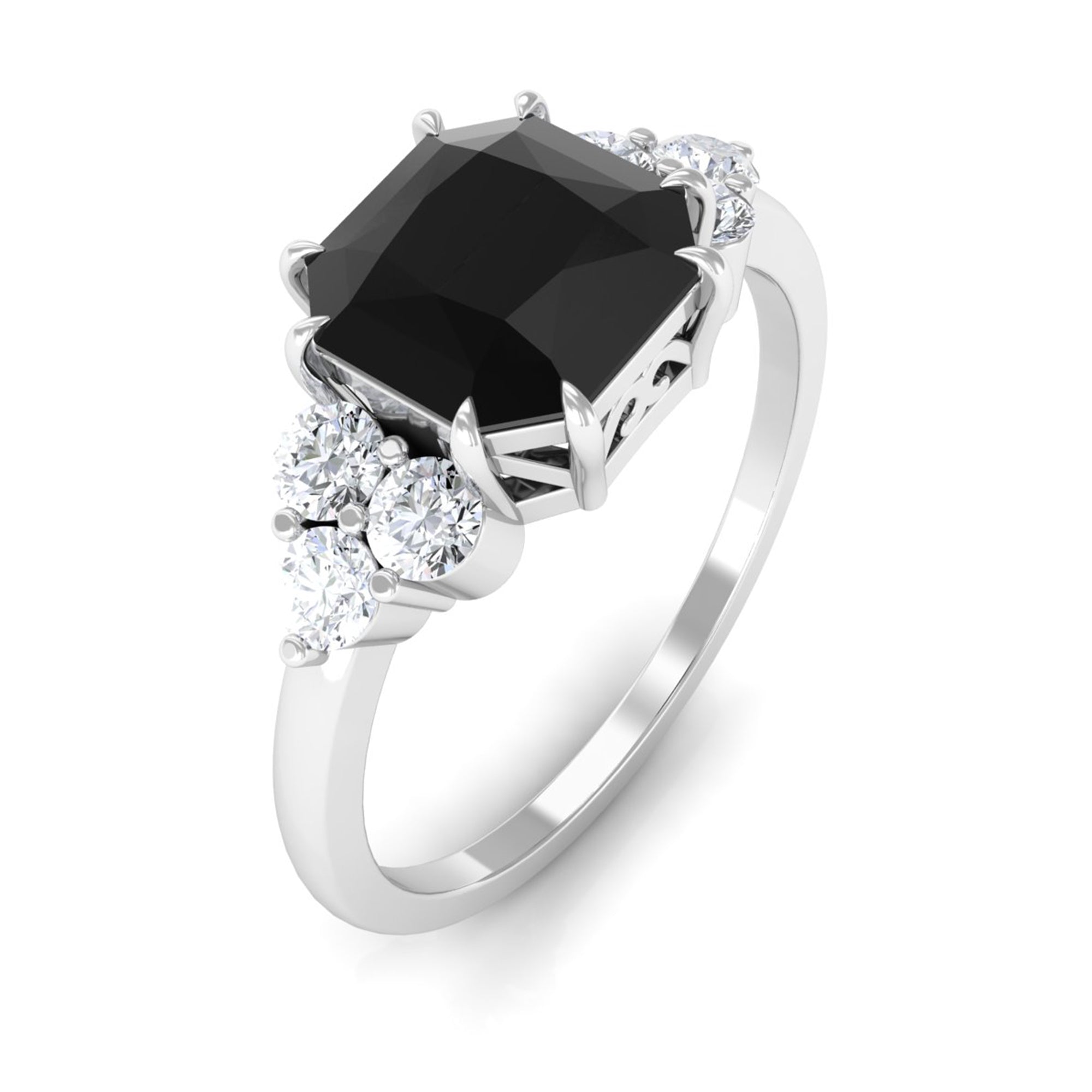 Rosec Jewels-Asscher Cut Created Black Diamond Solitaire Engagement Ring with Diamond Trio