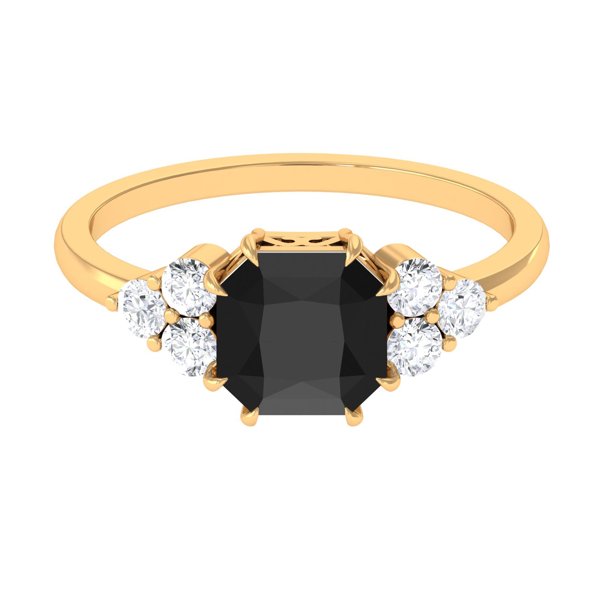 Rosec Jewels-Asscher Cut Created Black Diamond Solitaire Engagement Ring with Diamond Trio