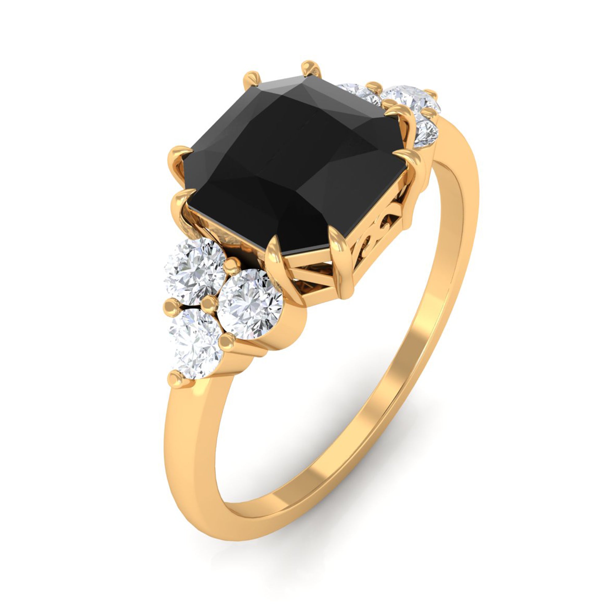 Rosec Jewels-Asscher Cut Created Black Diamond Solitaire Engagement Ring with Diamond Trio