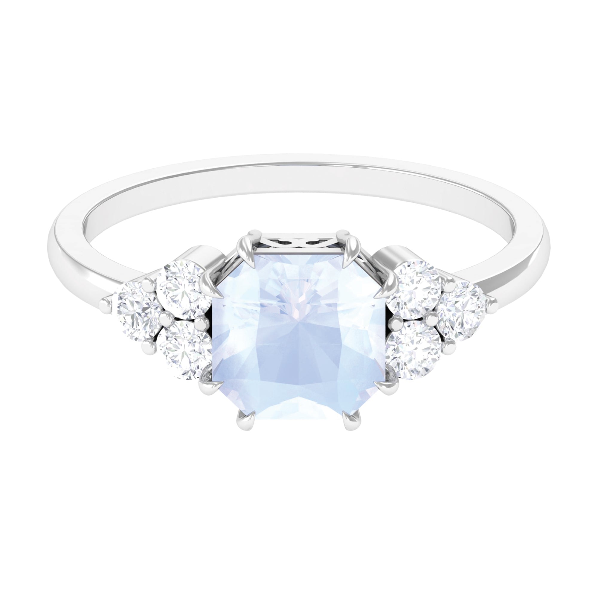 Rosec Jewels-Asscher Cut Moonstone Solitaire Engagement Ring with Diamond Trio