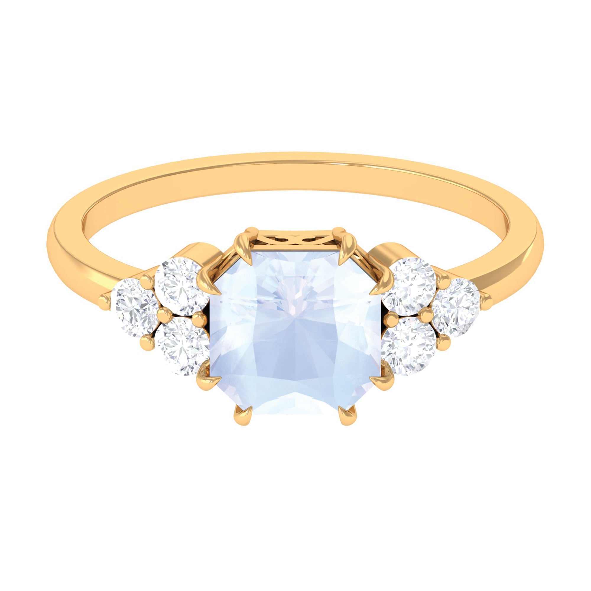 Rosec Jewels-Asscher Cut Moonstone Solitaire Engagement Ring with Diamond Trio