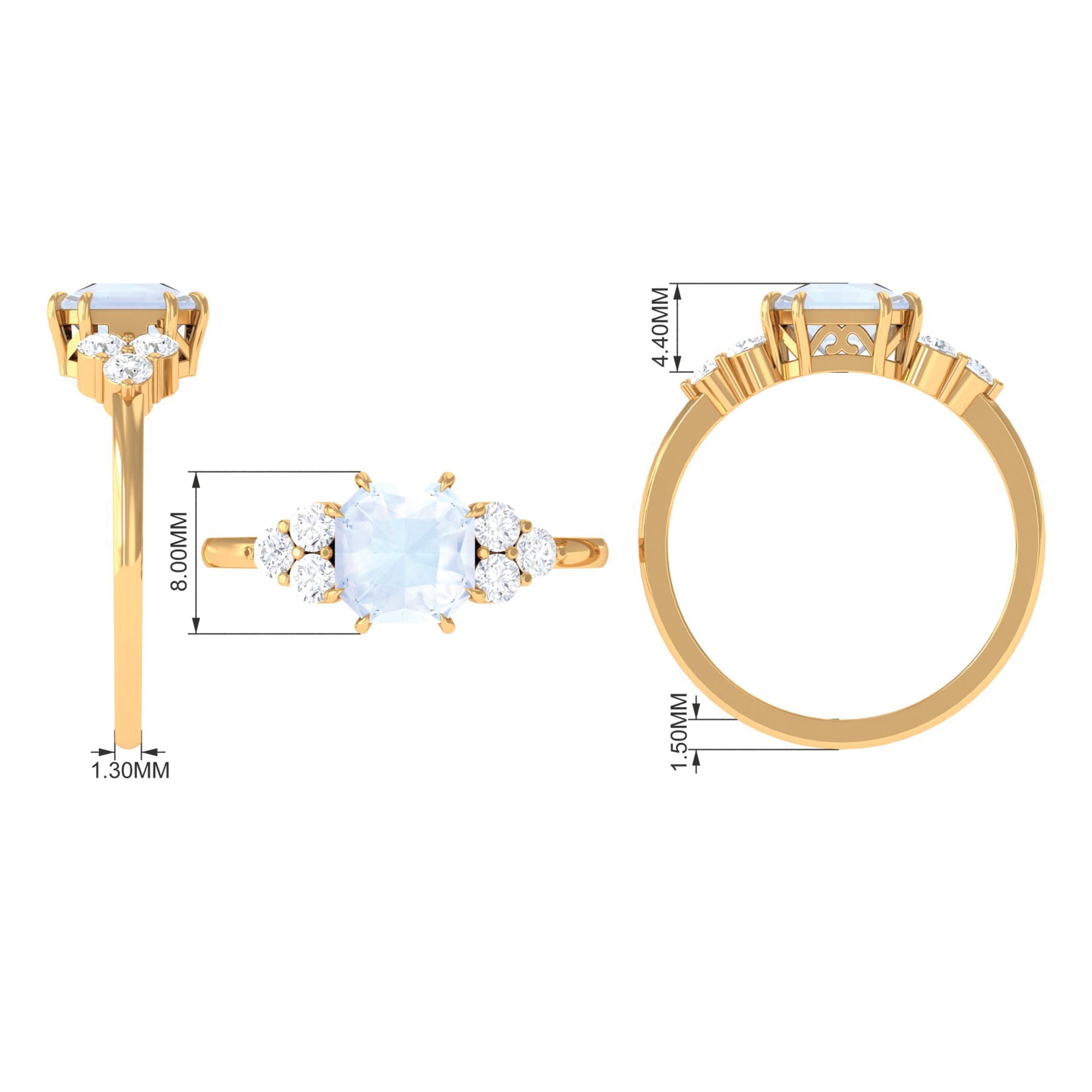 Rosec Jewels-Asscher Cut Moonstone Solitaire Engagement Ring with Diamond Trio