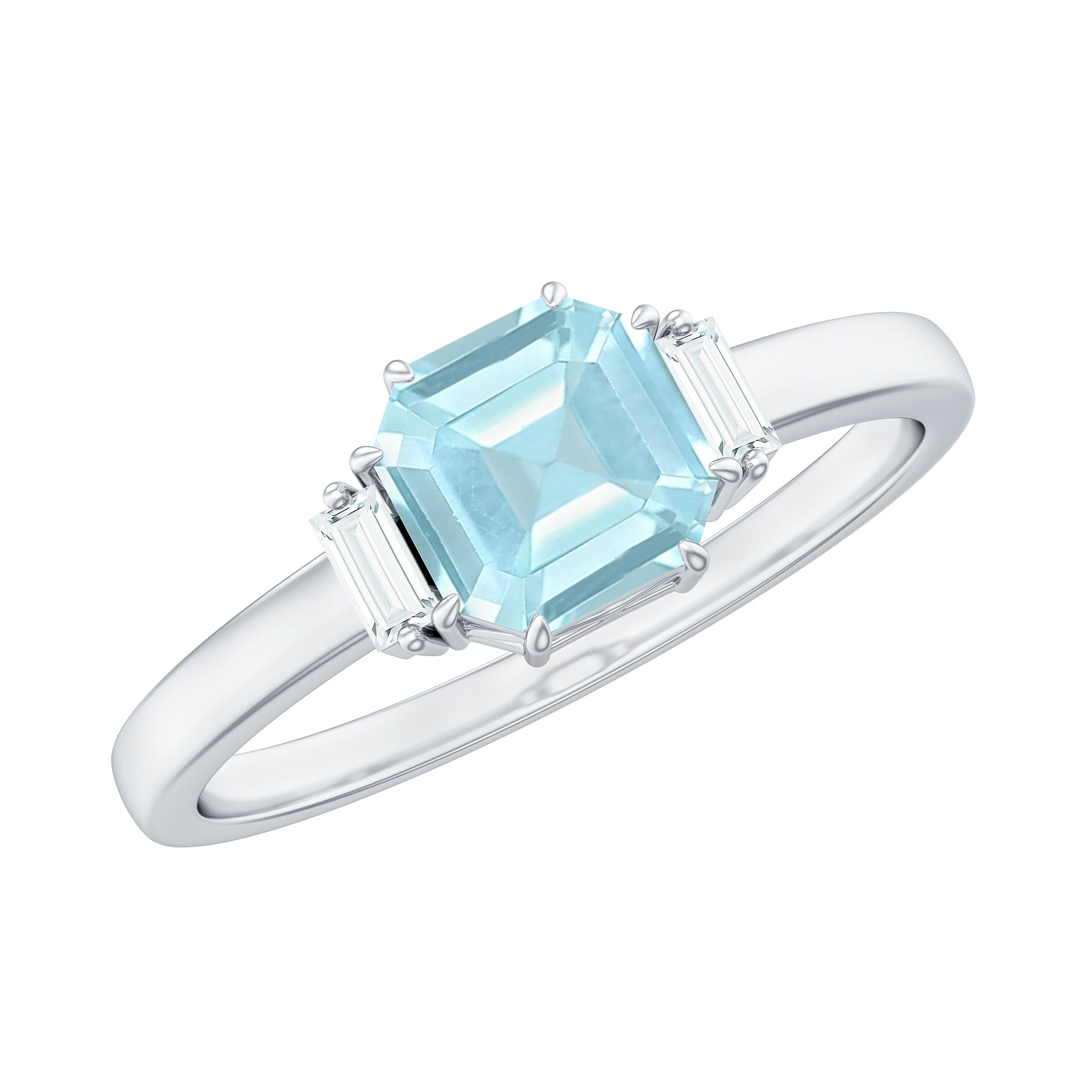 Rosec Jewels-Claw Set Asscher Cut Sky Blue Topaz Solitaire Engagement Ring with Diamond