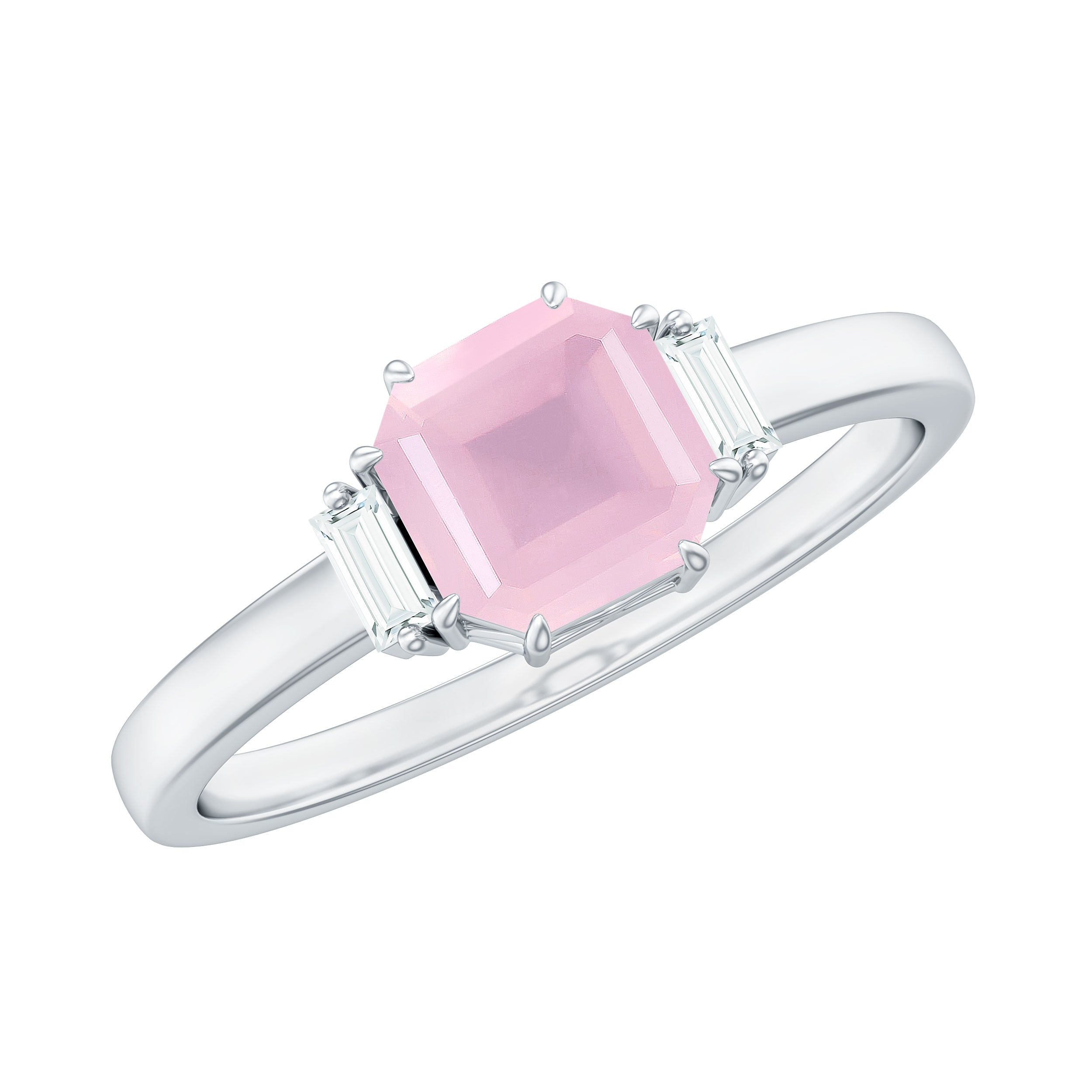 Rosec Jewels-Claw Set Asscher Cut Rose Quartz Solitaire Engagement Ring with Diamond