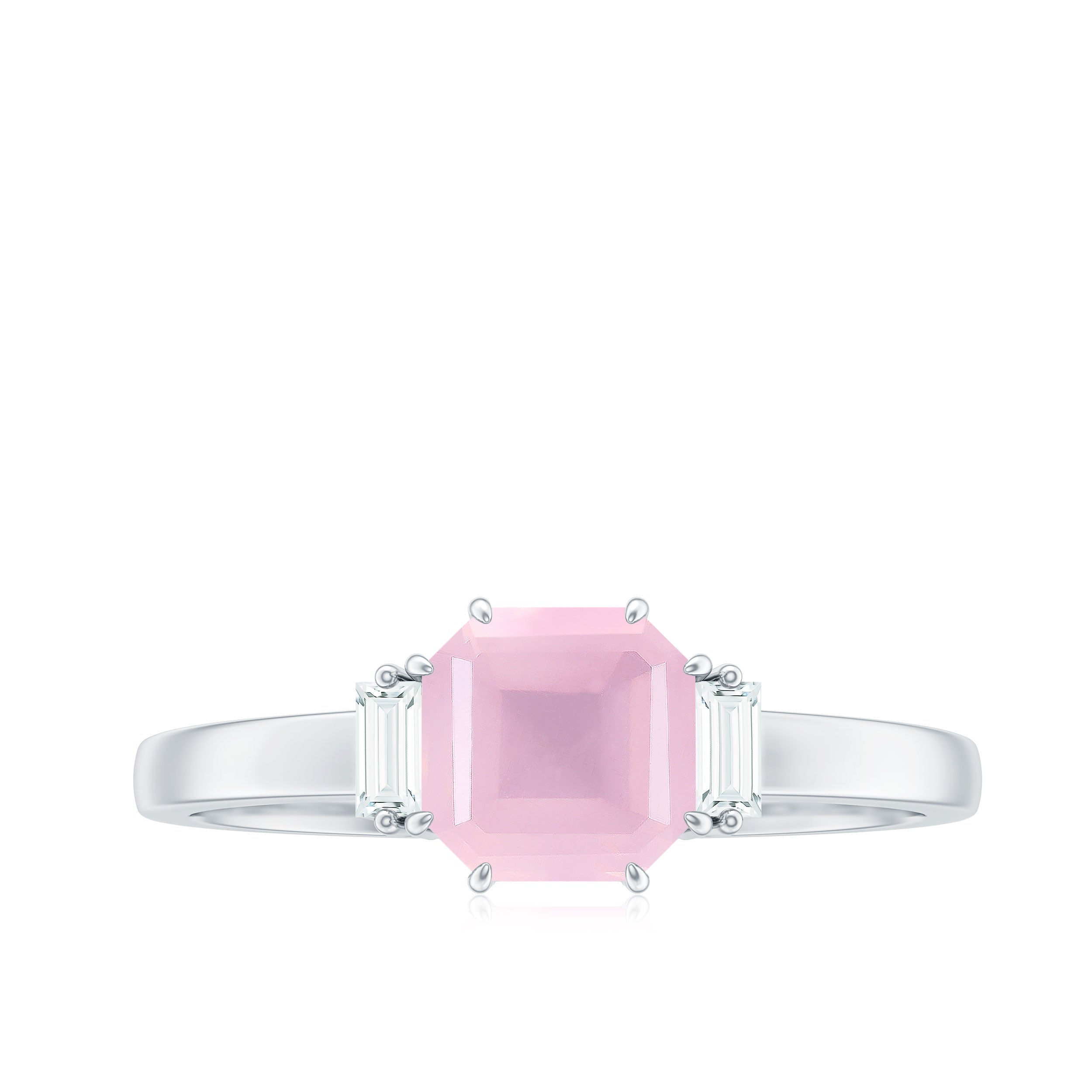 Rosec Jewels-Claw Set Asscher Cut Rose Quartz Solitaire Engagement Ring with Diamond