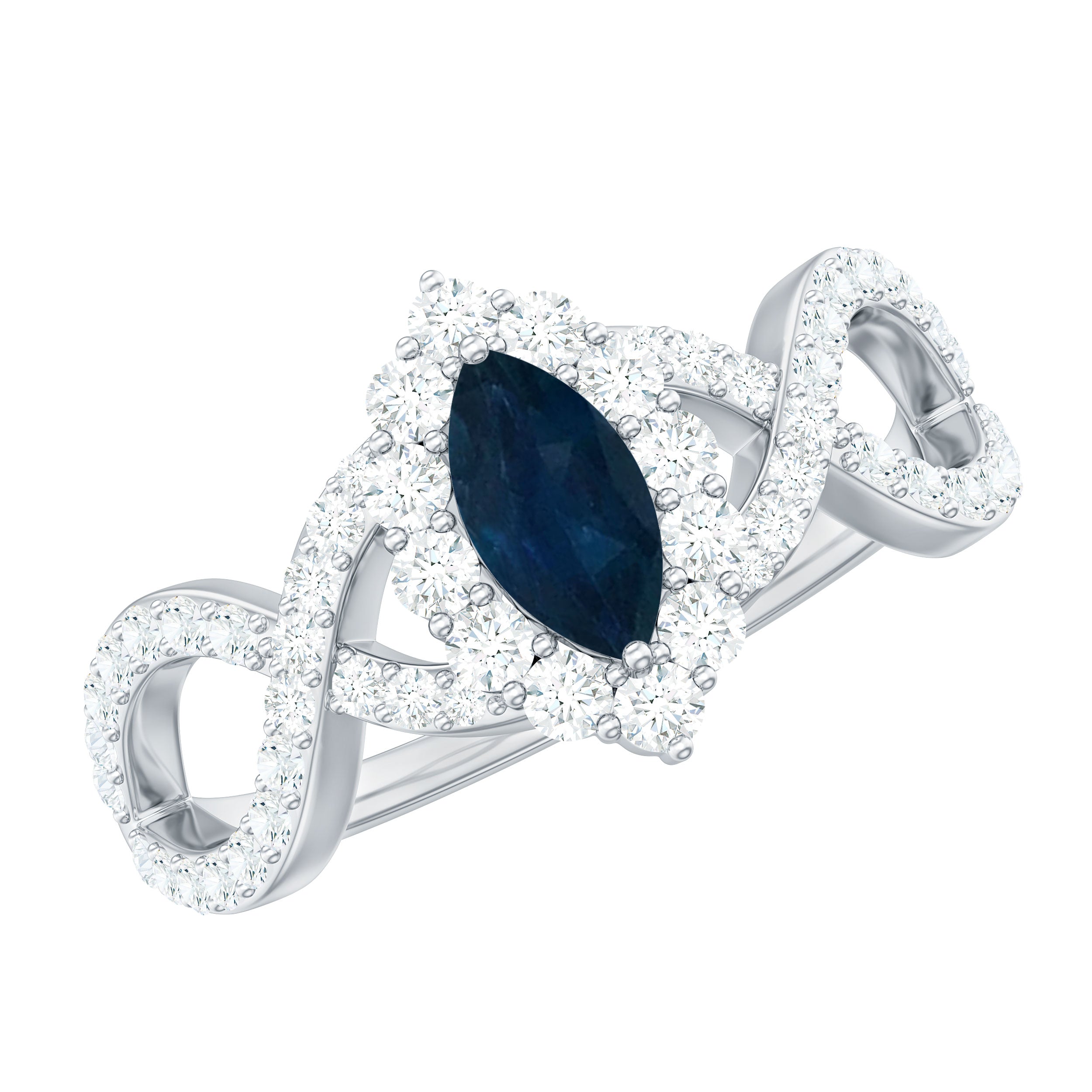 Rosec Jewels-Marquise Blue Sapphire Crossover Engagement Ring with Diamond Halo