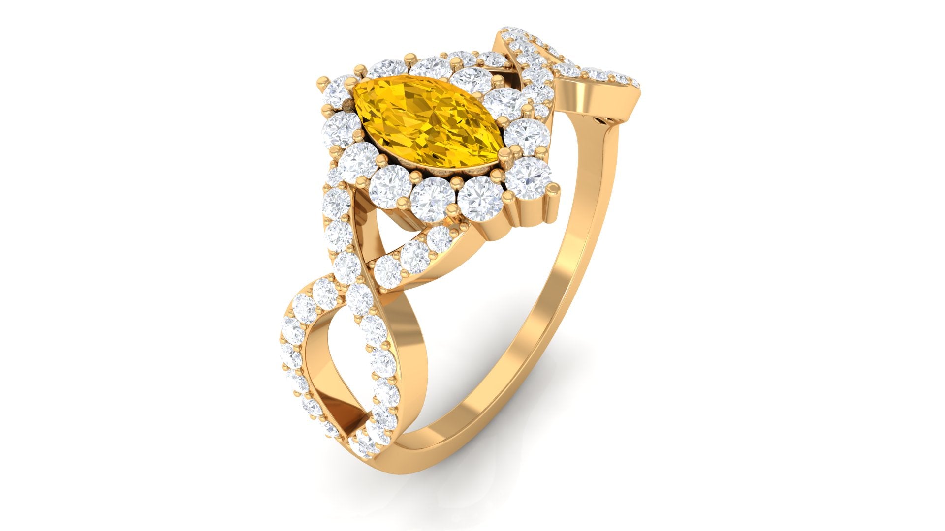 Rosec Jewels-Yellow Sapphire Crossover Engagement Ring with Diamond Halo