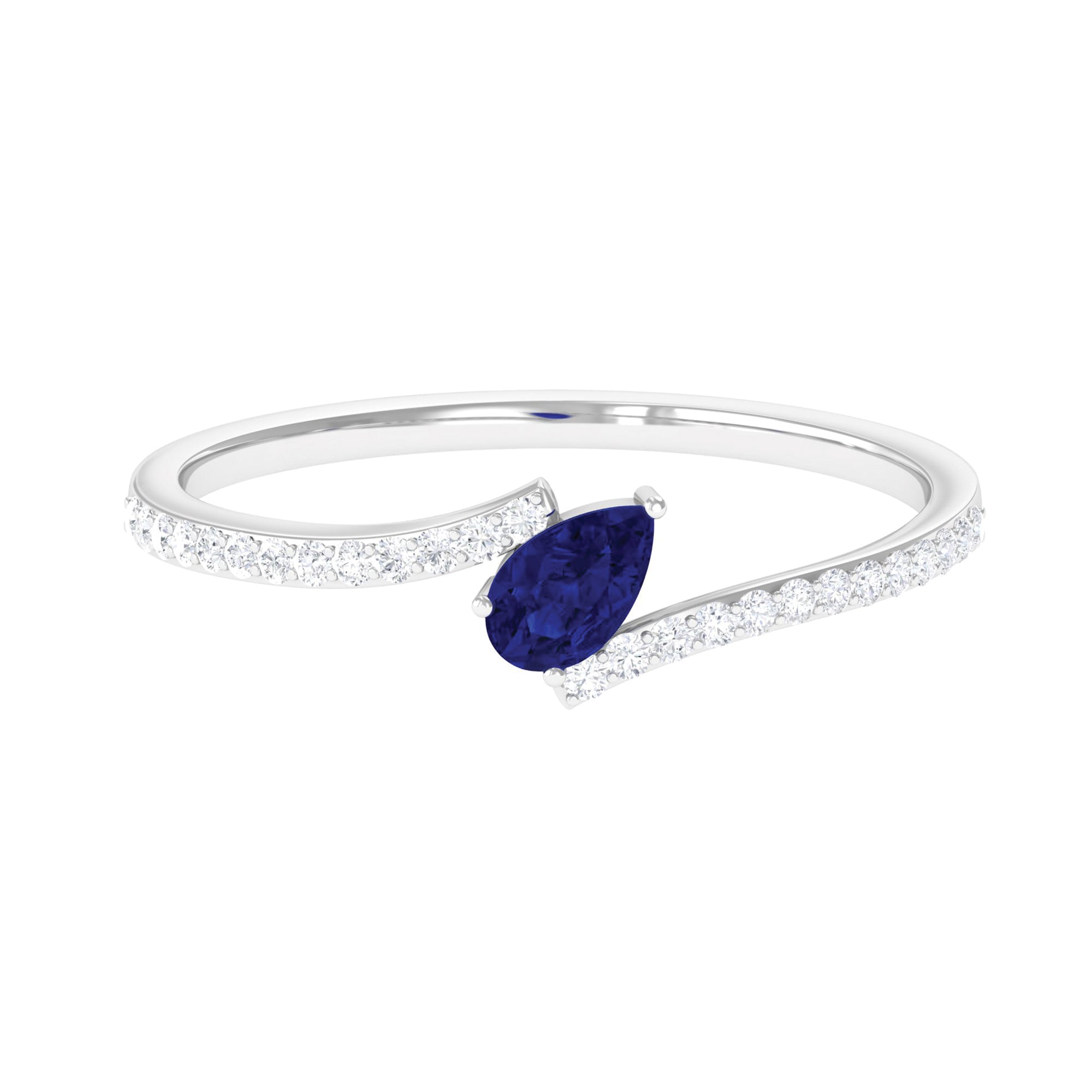 Rosec Jewels-Tilted Pear Shape Created Blue Sapphire and Diamond Bypass Promise Ring