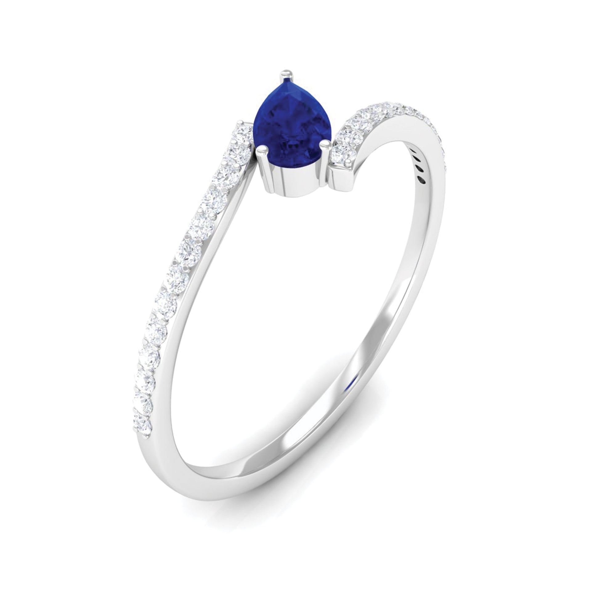 Rosec Jewels-Tilted Pear Shape Created Blue Sapphire and Diamond Bypass Promise Ring