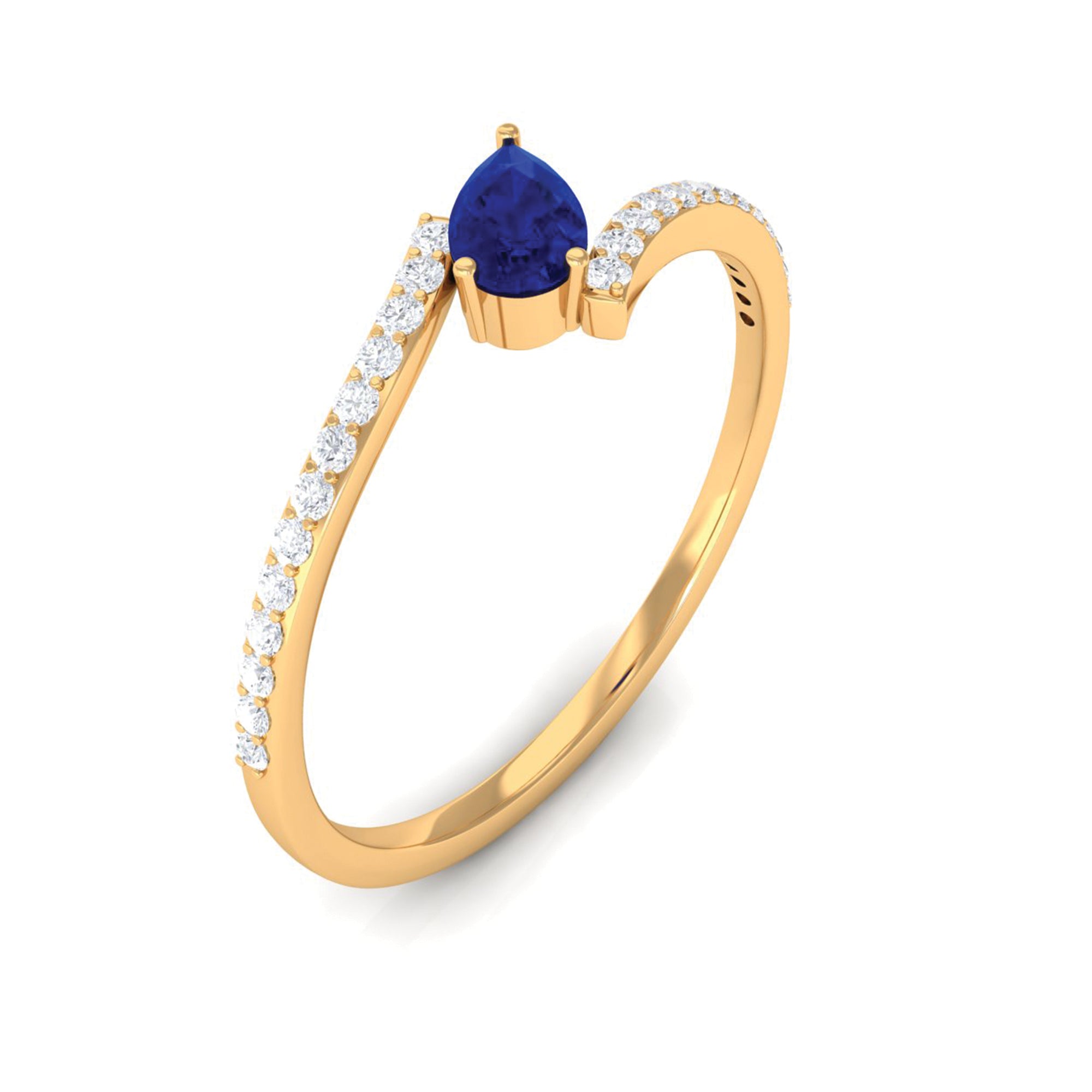 Rosec Jewels-Tilted Pear Shape Created Blue Sapphire and Diamond Bypass Promise Ring