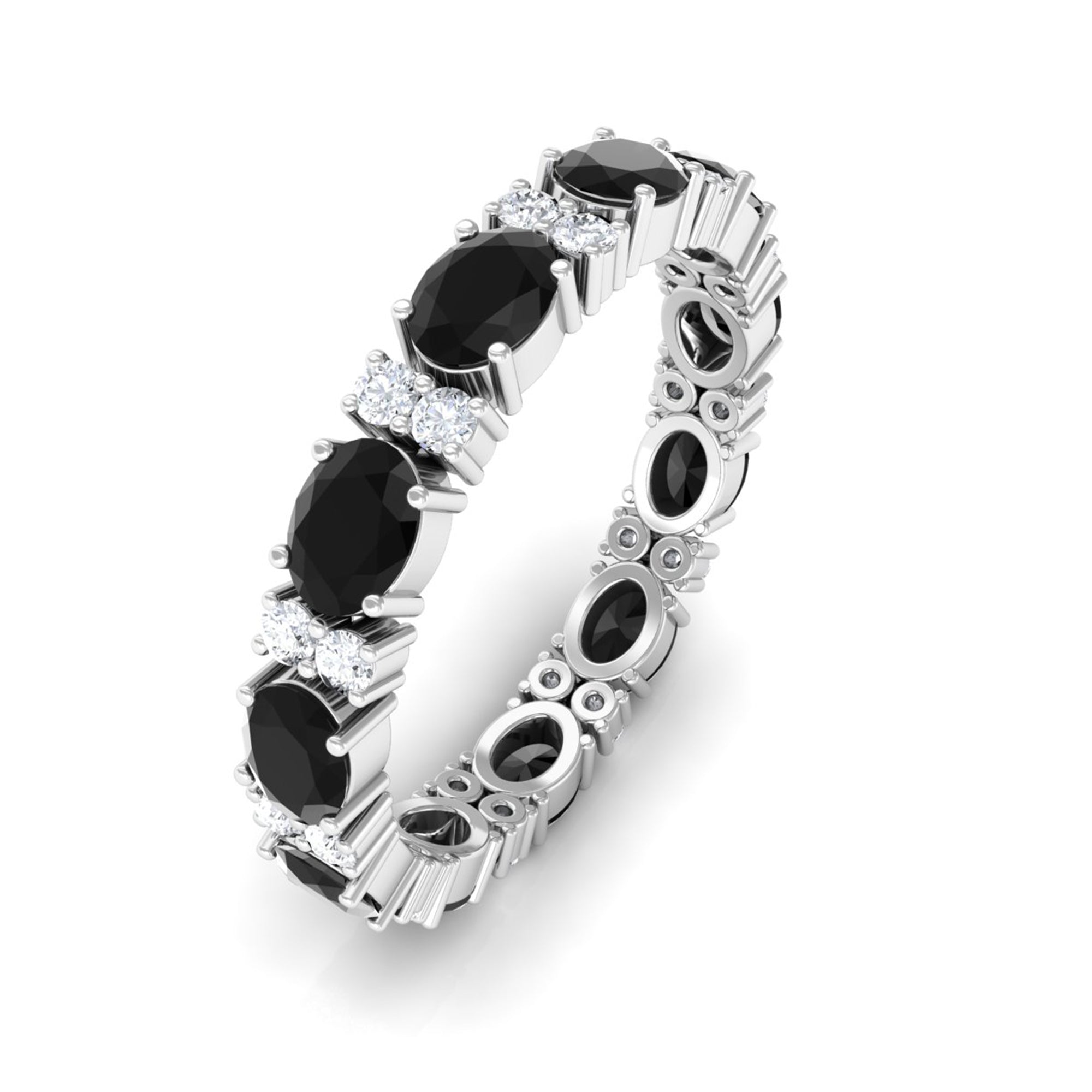 Rosec Jewels-Oval Cut Created Black Diamond East West Eternity Ring with Accent