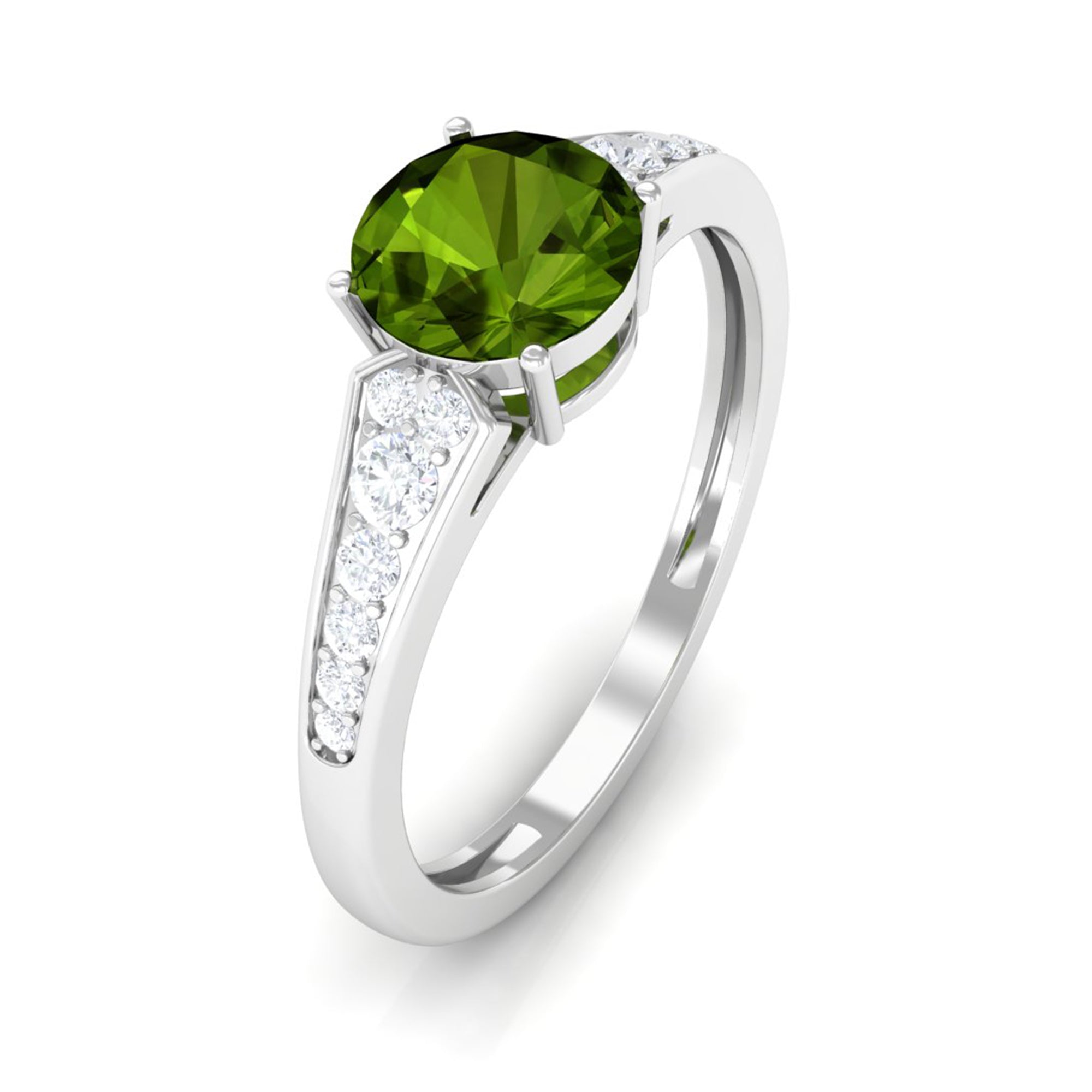 Rosec Jewels-Round Peridot Solitaire Ring with Diamond Side Stones