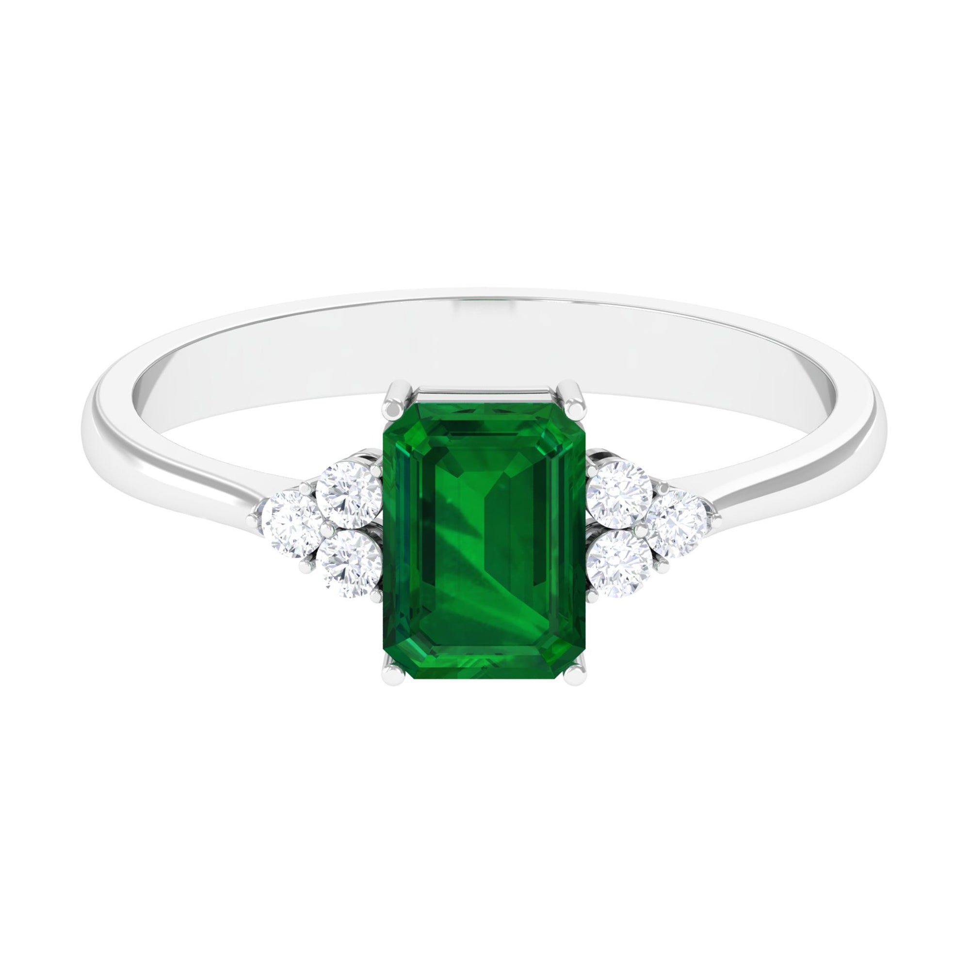 Rosec Jewels-Octagon Created Emerald Solitaire Engagement Ring with Diamond Trio