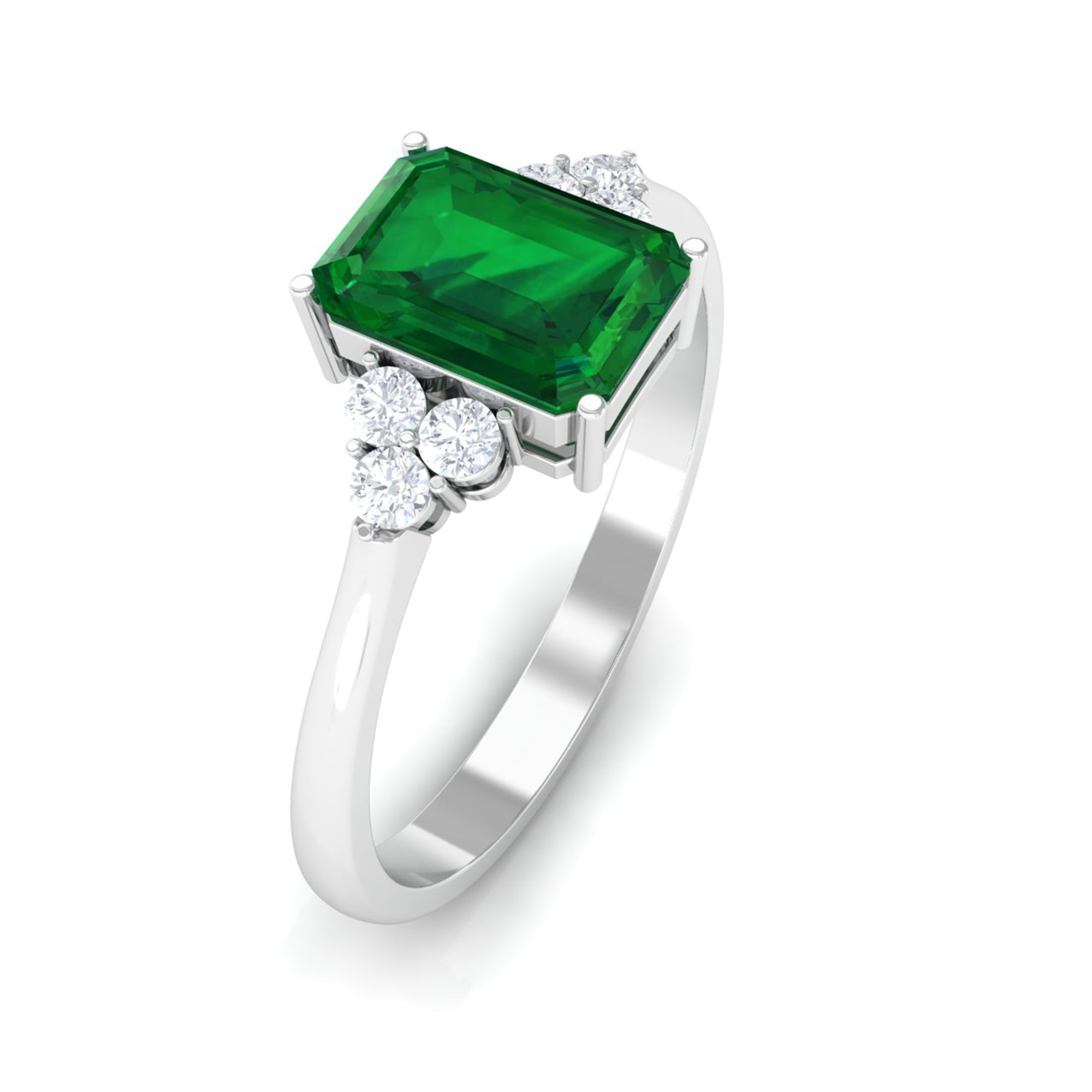 Rosec Jewels-Octagon Created Emerald Solitaire Engagement Ring with Diamond Trio