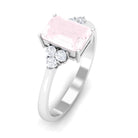 Rosec Jewels-Emerald Cut Rose Quartz Solitaire Engagement Ring with Diamond Trio