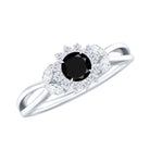 Rosec Jewels-Created Black Diamond and Diamond Flower Engagement Ring in Split Shank